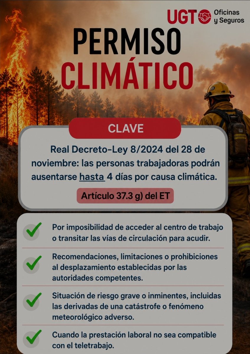 oysugt's tweet photo. 🚨PERMISO CLIMÁTICO 🚨

Son varios los focos de incendios forestales activos que afectan a diferentes zonas de España.

📌 Por ello, recomendamos a todas las personas trabajadoras el #permisoclimático del que disponen de hasta 4 días. 

#FeSMC #UGT #Oficinasyseguros https://t.co/qJNuFZL1sw