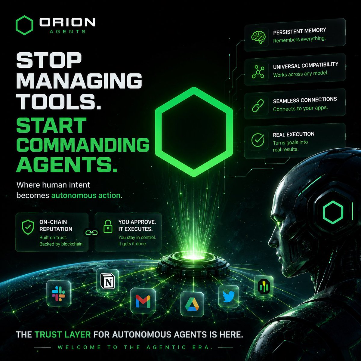 simplymee003's tweet photo. Stop managing tools.

Start commanding agents.

@Orion_Agents is the layer where human intent becomes autonomous action.

One shared brain that remembers everything.
Works across any model.
Connects to your apps.
And turns your goals into real execution.

For work.
For life.
For creation.
For finance.

With persistent memory.
On-chain reputation.
And a simple rule:

You approve.
It executes.

The trust layer for autonomous agents is here.

Welcome to the agentic era. 🧠⚡