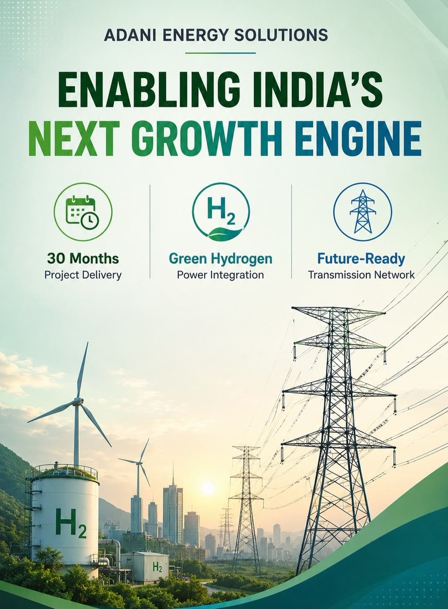 73ps_'s tweet photo. Adani Energy Solutions Enables India's Green Hydrogen Revolution

Adani Energy Solutions is building the transmission infrastructure needed to power India's next generation of Green Hydrogen projects.

With a 30-month execution timeline, the project will deliver a future-ready grid for clean energy and industrial growth.