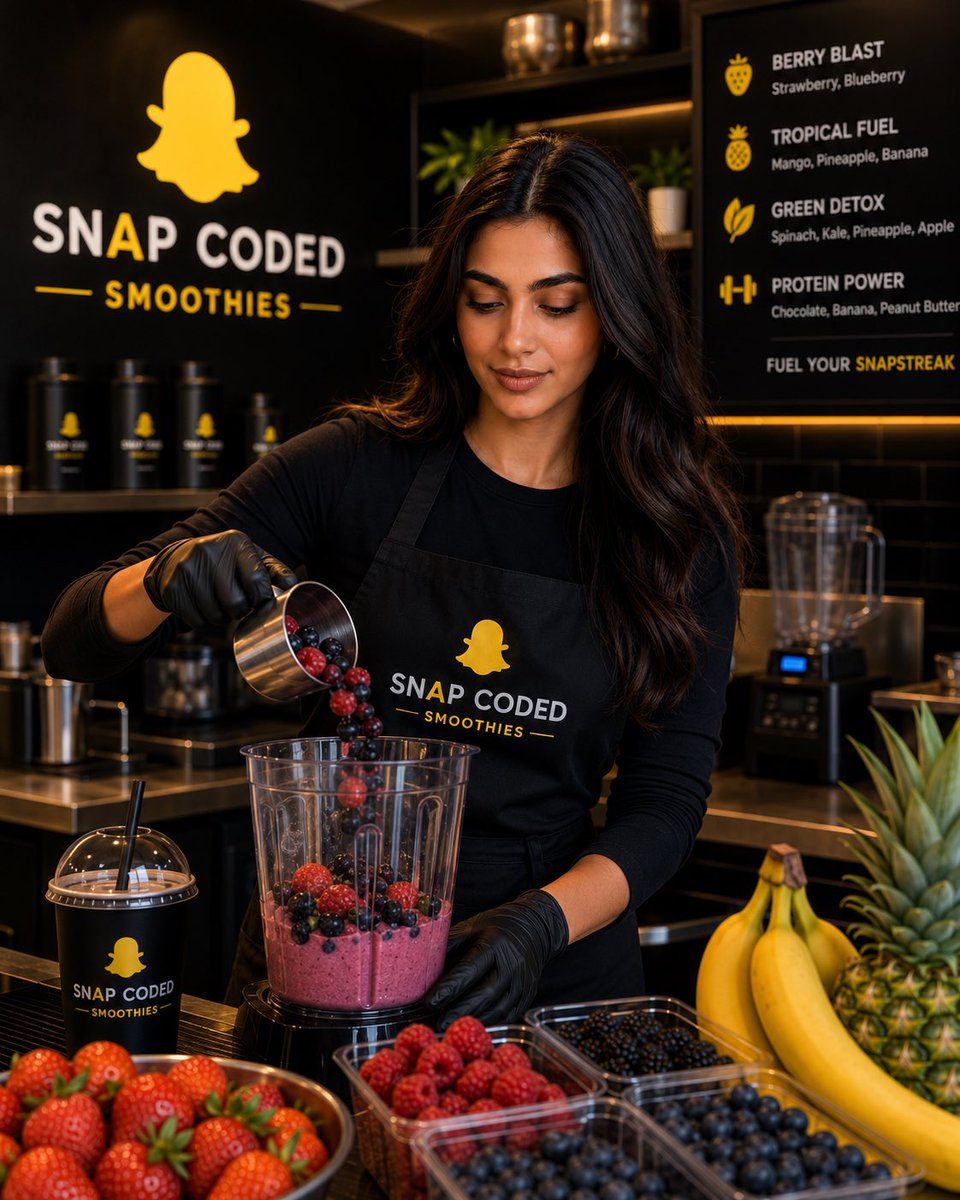 AzraJalal's tweet photo. What if Snapchat opened its own smoothie brand? 👻🥤

I designed the entire visual identity…from cups and storefronts to delivery packaging, menus, billboards, and branded merchandise.

A concept brand built using AI to show how powerful modern branding can be.

Brand: Snap Coded Smoothies 💛🖤