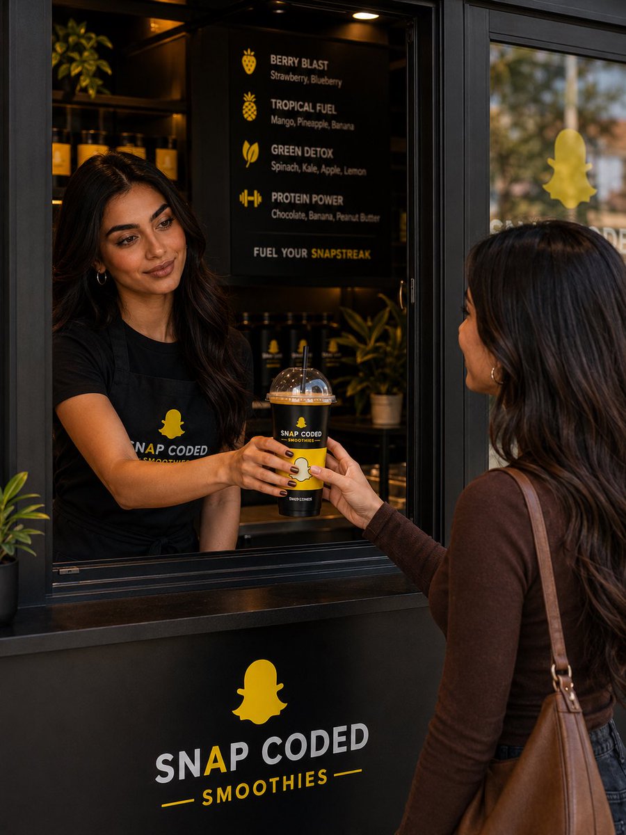 AzraJalal's tweet photo. What if Snapchat opened its own smoothie brand? 👻🥤

I designed the entire visual identity…from cups and storefronts to delivery packaging, menus, billboards, and branded merchandise.

A concept brand built using AI to show how powerful modern branding can be.

Brand: Snap Coded Smoothies 💛🖤