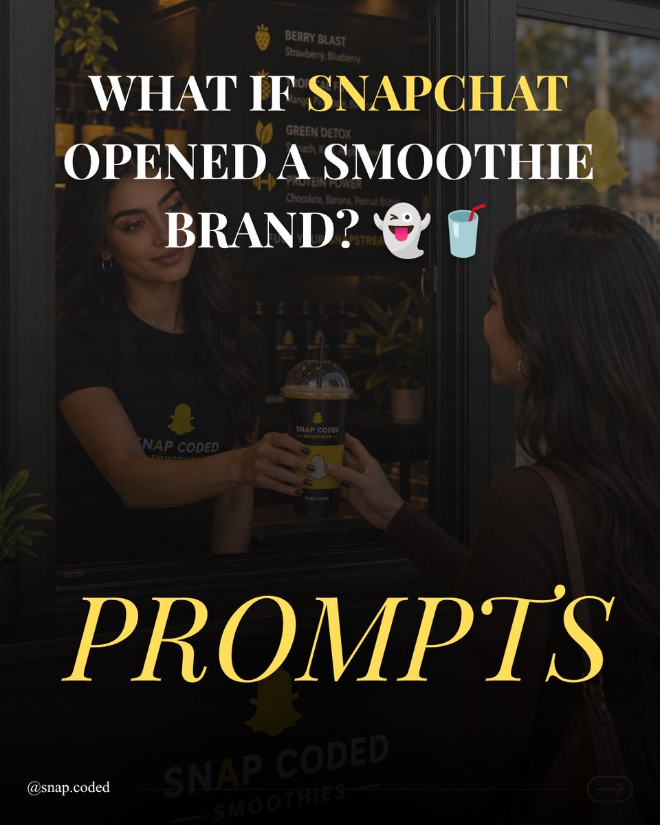 AzraJalal's tweet photo. What if Snapchat opened its own smoothie brand? 👻🥤

I designed the entire visual identity…from cups and storefronts to delivery packaging, menus, billboards, and branded merchandise.

A concept brand built using AI to show how powerful modern branding can be.

Brand: Snap Coded Smoothies 💛🖤
