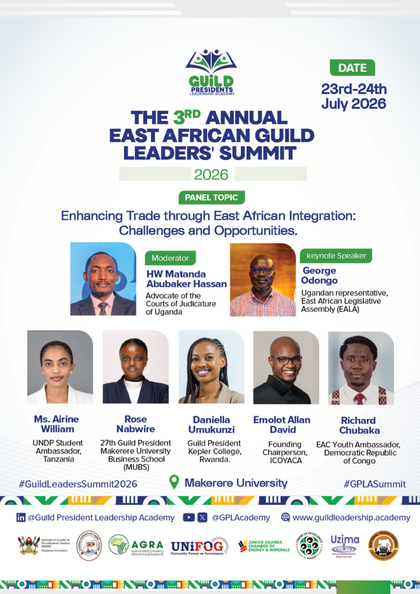 EAC_yap's tweet photo. Our Regional Coordinator, @RichardChubaka, represented the @EAC_yap as a panelist on "Enhancing Trade Through East African Integration"at the 3rd Annual East African Guild Leaders' Summit at Makerere University.  Reaffirming the importance of youth in the regional integration. https://t.co/xc3cIFOYhP