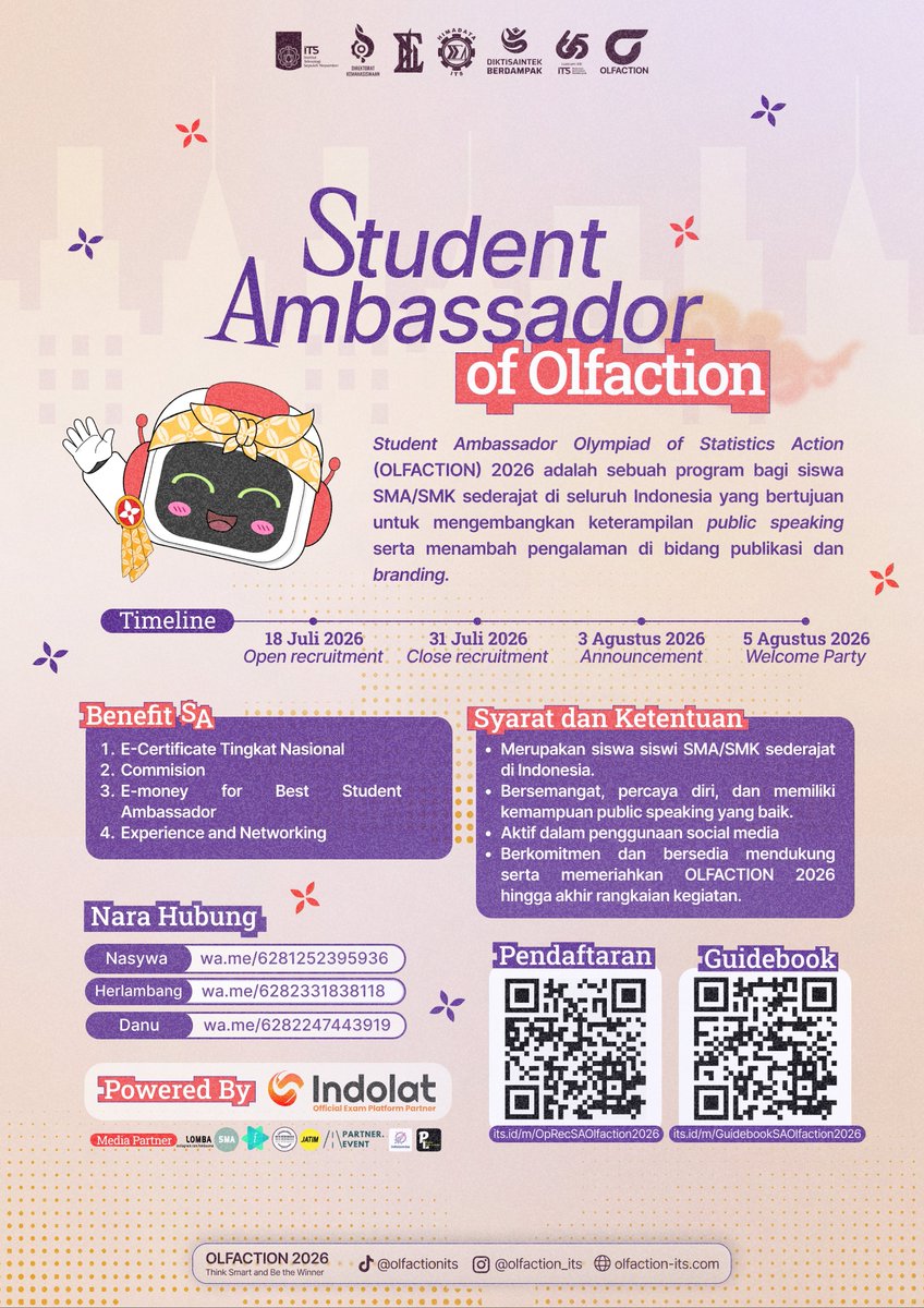 OlfactionITS's tweet photo. [STUDENT AMBASSADOR OLFACTION 2026]

Halo, Sobat Olfactors! 👋

OLFACTION 2026 kini menghadirkan kembali program Student Ambassador‼️

Kesempatan ini adalah peluang emas bagi siswa siswi SMA/SMK sederajat untuk menambah portofolio dan keterampilan lohh!!

Ayoo daftar sekarang!!! https://t.co/TL9UwaHmxD