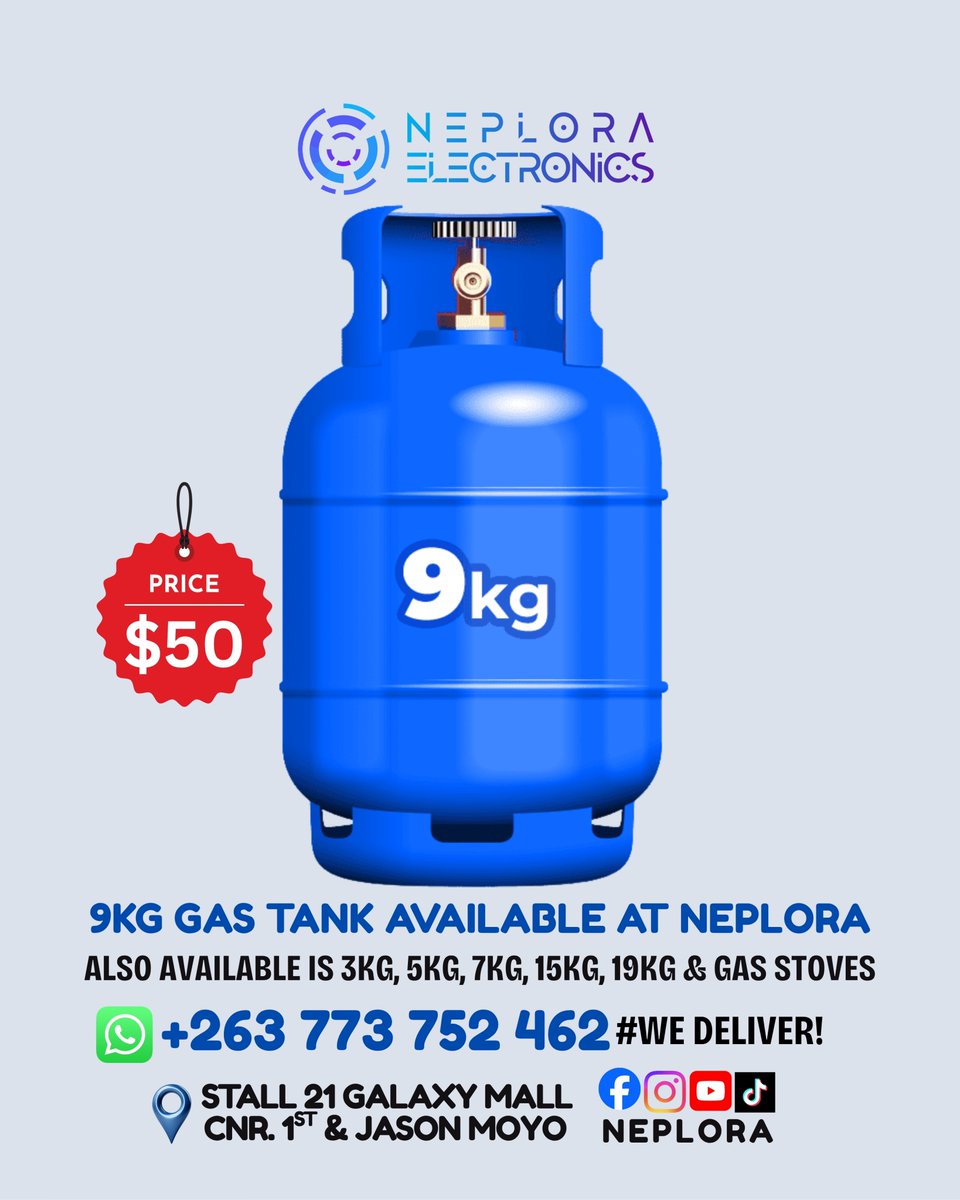 neplora's tweet photo. 🔥⛽🏠 9KG Gas Tank in Harare, Zimbabwe available at Neplora. Call/WhatsApp📲: +263 773 752 462 to order. #WeDeliver!

📍 We are located in Harare CBD
Visit Stall 21 Galaxy Mall Ground Floor
Corner First Street, and Jason Moyo Ave https://t.co/CXF468a9q4