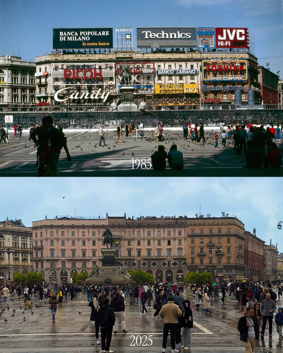 BiancoDavinci's tweet photo. Milan's historic Piazza del Duomo 1985 vs. 2025 https://t.co/WcHvz01Jkh