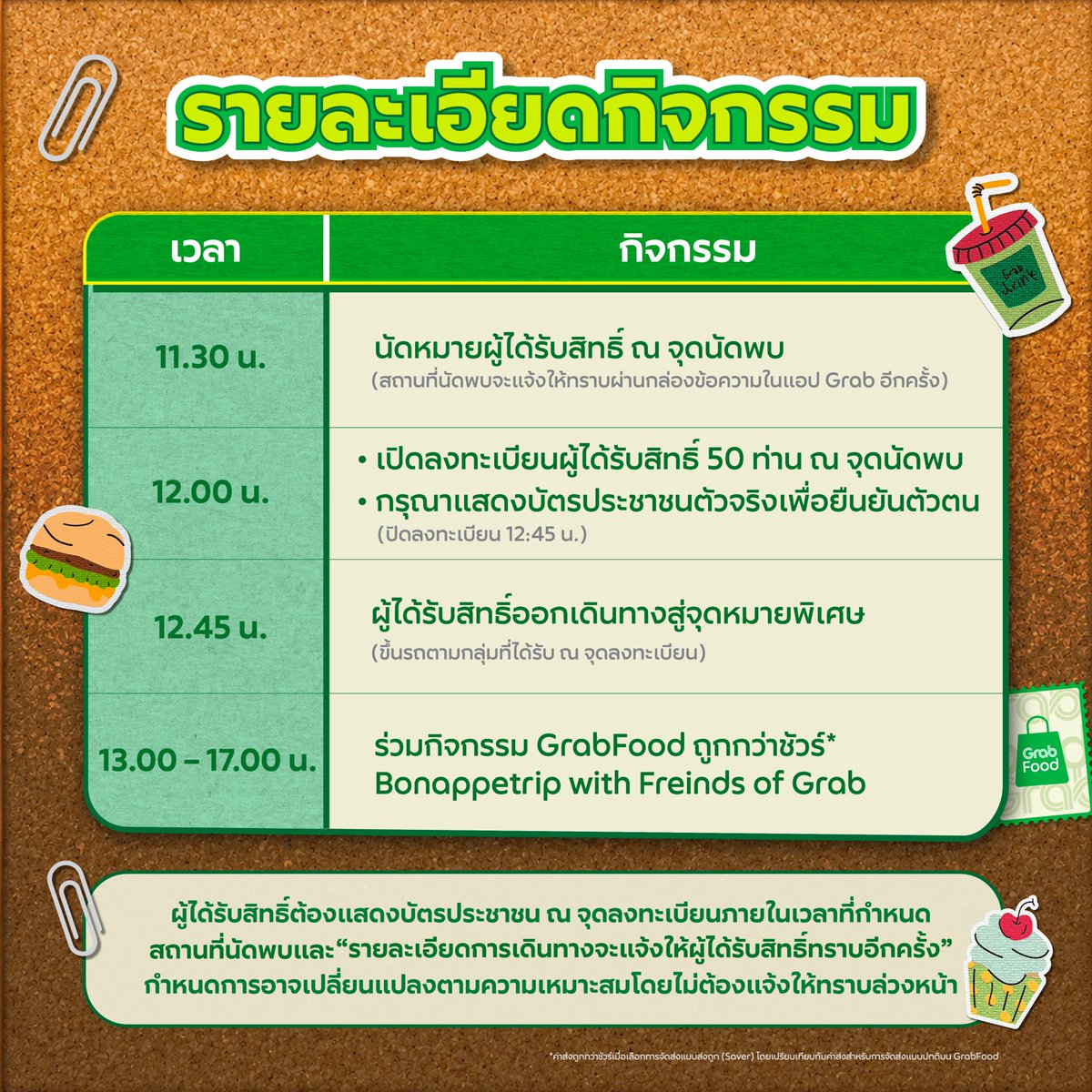 GrabTH's tweet photo. ✨  เตรียมตัวออกเดินทางครั้งใหม่ไปกับ 6 หนุ่ม Friends of Grab💚
♊️4️⃣ เจมีไนน์-โฟร์ท
☁️🌸 สกาย-นานิ
🐻🐼 ปอนด์-ภูวินทร์

📌 ตามหา Exclusive Fans 50 คน ที่จะได้ไปร่วมสร้างความทรงจำสุดประทับใจ
กับงาน "GrabFood ถูกกว่าชัวร์* BON APPÉTRIP with Friends of Grab" 😋🎒🍔
🗓️ ในวันที่ 26 ส.ค. 2569 ตั้งแต่เวลา 12.00 น. - 17:00 น.

📝 กติกาการเข้าร่วมกิจกรรม
1) สั่ง GrabFood จากร้านในไอคอน 'Hot Deals' โดยมียอดสั่งซื้อขั้นต่ำ 400 บาท พร้อมใส่โค้ด 'FRIENDSOFGRAB'
2) ผู้ที่สั่งซื้อในลำดับที่กำหนดจำนวน 50 คน ตามลำดับดังนี้; 1, 50, 100, ... , 2450 จะเป็นผู้ที่มีสิทธิ์ได้เข้าร่วมงาน

🌟สิทธิพิเศษ! สำหรับ Exclusive Fans 50 คน
1) ได้เข้าร่วมงาน "GrabFood ถูกกว่าชัวร์* BON APPÉTRIP with Friends of Grab" ในวันที่ 26 ส.ค. 2569
2) Group Photo 6:10 รับรูปภาพหมู่ที่ระลึกกับทั้ง 6 หนุ่ม พร้อมลายเซ็นแบบอิเล็กทรอนิกส์
(โดยจะแบ่งกลุ่มถ่ายภาพเป็นหนุ่มๆ 6 คน ต่อผู้ได้รับสิทธิ์ 10 คน)
3) ร่วมกิจกรรม Workshop ทำของขวัญแทนใจ และรับของที่ระลึกจาก GrabFood กลับบ้าน

📌ระยะเวลากิจกรรม: 27 ก.ค. 2569 เวลา 10.00 น. - 9 ส.ค. 2569 เวลา 23.59 น.
📣ประกาศรายชื่อ: 14 ส.ค. 2569 ผ่านทาง Facebook : GrabTH
✅ ยืนยันสิทธิ์: 14 - 16 ส.ค. 2569 กรอกแบบฟอร์มที่จะได้รับผ่านทางกล่องข้อความบนแอป Grab

………………………………..

🔰 รายละเอียดงาน "GrabFood ถูกกว่าชัวร์* BON APPÉTRIP with Friends of Grab" 😋🎒🍔
11:30 น. นัดหมายผู้ได้รับสิทธิ์ ณ จุดนัดพบ
12:00 น. เปิดลงทะเบียนผู้ได้รับสิทธิ์จำนวน 50 คน ณ จุดนัดพบ
12:45 น. เดินทางสู่จุดหมายปลายทางสุดพิเศษ
13:00 - 17:00 น. ร่วมกิจกรรม "GrabFood ถูกกว่าชัวร์* BON APPÉTRIP with Friends of Grab"
………………………………..

💖 มาร่วมสร้างความทรงจำครั้งใหม่ ที่จะทำให้คุณประทับใจไม่รู้ลืม หนุ่มๆ Friends of Grab ทั้ง 6 คนรอเจอคุณอยู่ ✨

อ่านรายละเอียดเพิ่มเติมที่: https://t.co/HnAOuVUUJI
เงื่อนไขเป็นไปตามที่บริษัทกำหนด กรณีมีข้อพิพาทใดๆ เกี่ยวกับกิจกรรมนี้ คำตัดสินของบริษัทถือเป็นเด็ดขาด สิ้นสุด และเป็นที่ยุติ

#GrabFoodถูกกว่าชัวร์xGFSNPP #GrabFoodถูกกว่าชัวร์* #GrabFoodTH #GrabTH