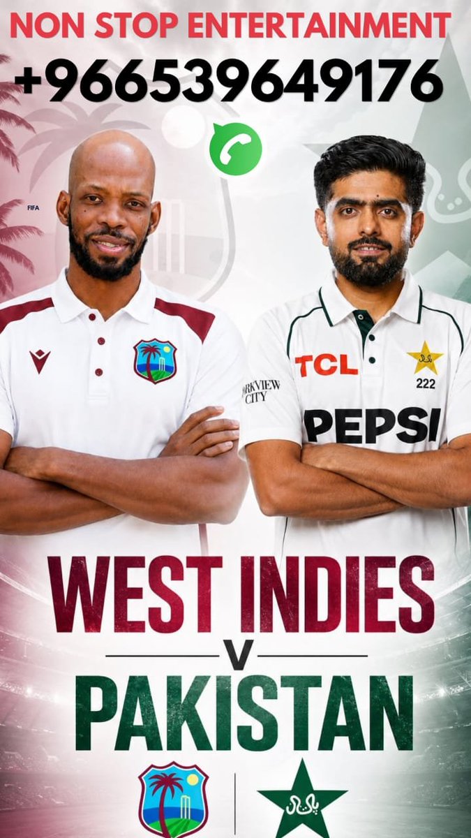 NSE2023's tweet photo. Babar Azam leads Pakistan 
Roston Chase captains the Windies 
Day 1 of the Test series is here!
WhatsApp +966539649176 to join #NonStopCricket 
#WIvPAK #PAKvWI #BabarAzam #RostonChase #ShaiHope #MohammadRizwan #ShamarJoseph #KemarRoach #JaydenSeales #SalmanAgha #NonStopSports