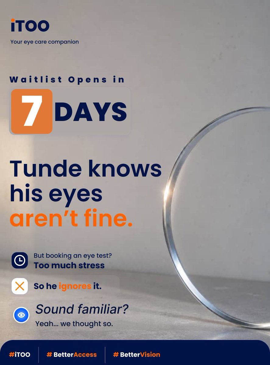 SplashMilli's tweet photo. Tunde’s vision isn’t as sharp, but he keeps postponing a check-up queues, busy days, booking hassles.

If that sounds familiar, you’re not alone.

In @iTOOHealth we're building something that makes taking care of your eyes a whole lot easier

7 days until the iTOO waitlist opens https://t.co/1WHJhUcBNY