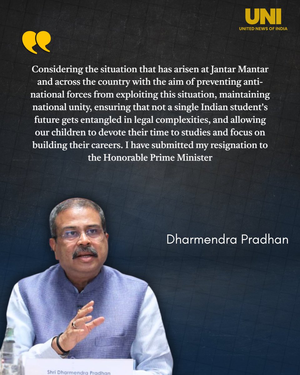 uniindianews's tweet photo. Dharmendra Pradhan resigns from the post of Union Education Minister.

#DharmendraPradhan | #EducationMinister | #Cabinet | #Resignation | #UnionCabinet | #EducationMinistry | #UNI https://t.co/F6QJvwQXBv