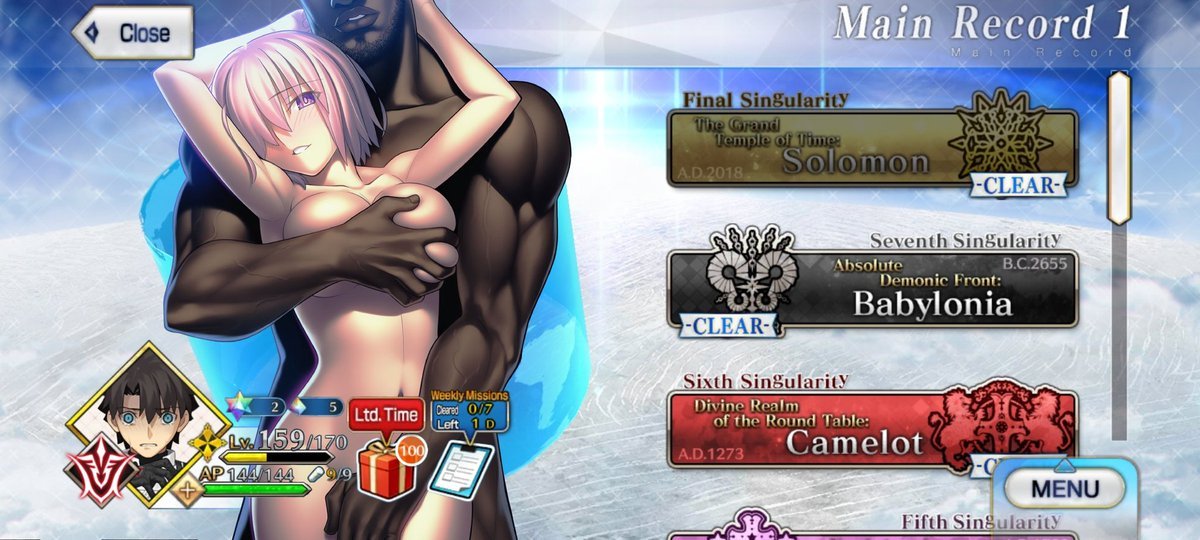 CYB_LOVER's tweet photo. "oh Master, hope you like the new menu screen, I had recently decided to sell Mashu for a good price at a high end brothel."

"Oh don't look at me like that! She came back at least!."

"Just with... Her new husband~" https://t.co/24y8728cw2