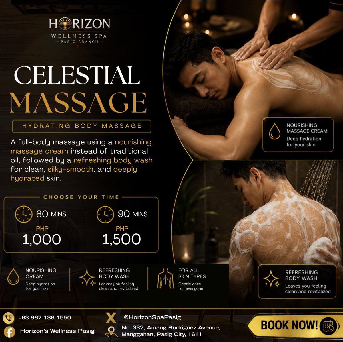 HorizonSpaPasig's tweet photo. ✨ Introducing Our New Service: Celestial Massage! 🌿

Elevate your relaxation with our newest wellness experience.

Celestial Massage combines a nourishing massage cream with a refreshing body wash, leaving your skin deeply hydrated, silky-smooth, and your body completely refreshed.

💆‍♂️ More than a massage—it’s a full-body hydration experience.

✨ Perfect for all skin types
💧 Nourishing Massage Cream
🚿 Refreshing Body Wash Included

⏰ 60 Minutes – ₱1,000
⏰ 90 Minutes – ₱1,500

📍 Available now at Horizon Wellness Spa Pasig.

Relax. Hydrate. Glow. Experience the Celestial difference today.
