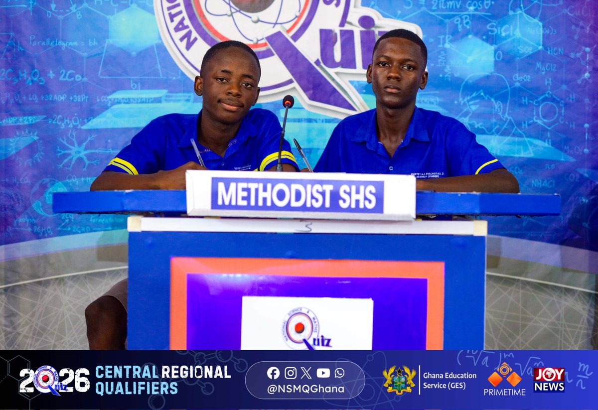 NSMQGhana's tweet photo. CENTRAL:

Our first contest of the day, features:

Methodist High School, Saltpond
Mfantsiman Girls' SHS
Odoben SHS
Apam SHS

Meet the contestants..
#NSMQRegionals #NSMQ2026 #Primetime https://t.co/eAZRyYyOJ6
