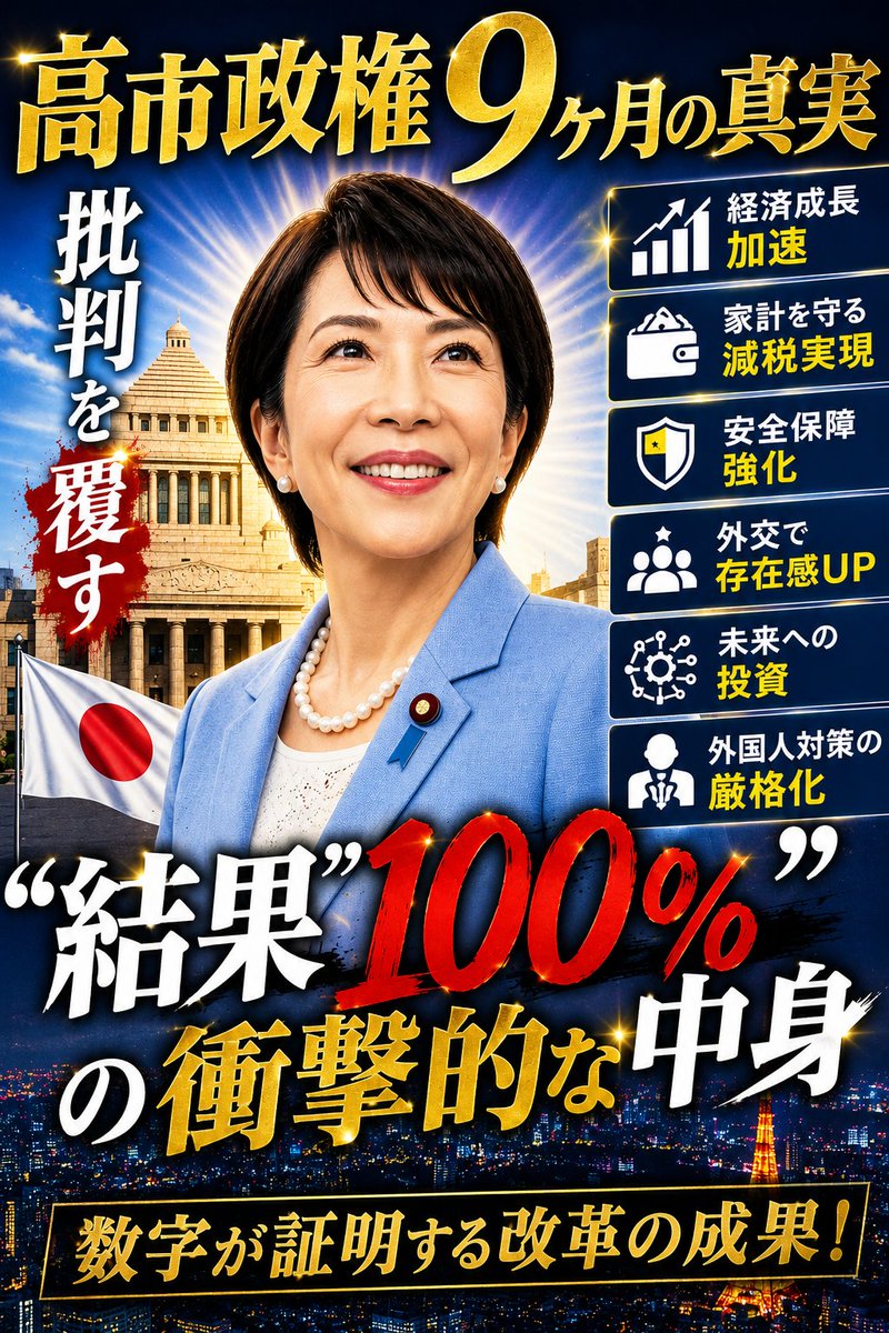 tetsuya_00x's tweet photo. 高市政権9ヶ月の真実：批判を覆す「結果100％」の衝撃的な中身

1．はじめに：「何もしない」という批判の裏に隠された真実

「高市総理は口先だけで何もしていない」「高市は無能だ」――ネットやメディアで、そんな批判を目にすることがあります。

しかし、それが事実だとするなら、直近10年間で最も生産的だったこの9ヶ月間をどう説明すればよいのでしょうか。

「何もしない政権」というレッテルを剥がすと、そこには驚くべき実行力が隠されています。

歴代政権が数十年にわたって手を出せなかった岩盤規制が、わずか9ヶ月の間に次々と打ち砕かれているのが分かります。

本稿では、単なる擁護論や感情論を排し、客観的な「数字」を交えながら、日本が長年の呪縛から脱却し始めた真実の姿を紐解いていきます。

2．圧倒的な実行力：法案成立率100％が意味するもの

組織のリーダーを評価する際、最も客観的かつ正確な指標は「計画をどれだけ形にしたか」です。

今国会において、高市政権が提出した法案は64本にのぼりますが、驚くべきことにそのすべてが成立しました。

成立率100％という数字は、過去10年間の平均である95.7％を凌駕する歴史的なトップタイ記録です。

法案を一つ通すだけでも、関係省庁の抵抗を押し切る凄まじい政治力が求められます。

この結果は単なるパフォーマンスではなく、官僚機構を掌握し、確実に動かす「実務能力」の証明に他なりません。

理想を語る政治家は少なくありませんが、複雑な利害関係を調整し、100％の結果を出す手腕は、見事と言うほかありません。

3．経済再生への布石：タブーなき規制改革

この圧倒的な組織管理能力は、私たちの生活に直結する経済政策の現場にも劇的な変化をもたらしています。

高市政権は、これまでのリーダーが触れることすら避けてきた「負のタブー」に次々と着手しました。

例えば、働く人の意欲を阻害してきた「年収の壁」の引き上げを、実に30年ぶりに実現させました。

これは人手不足に悩む中小企業への救済策であると同時に、労働市場の流動化を促す戦略的な一手です。

さらに、約半世紀もの間動かなかったガソリン暫定税率の撤廃という歴史的決断も下しました。

強い反対を押し切ってこれらの政策を実現させたことは、既存の権力構造に風穴を開けたことを意味します。

これらは一過性のバラマキではなく、国民の可処分所得を増やし、経済を根本から再起動させるための重要な布石と言うべきでしょう。

4．国家の安全と秩序の構築：外国人政策の厳格化

経済の健全化と並行して、政権は国家の根幹に関わる外国人政策という「聖域」にもメスを入れました。

日本の安全保障と社会秩序を守るため、かつてないほど厳格な新ルールが整備されています。

先端技術や国土の買収を防ぐ日本版「CFIUS（対米外国投資委員会）」の設立は、経済安全保障の強力な盾となります。

また、不法滞在を水際で防ぐ電子渡航認証「JESTA」の導入や、永住許可基準の厳格化（厚生年金への30年加入、日本人平均以上の年収、日本語能力の必須化など）も実現。

永住許可手数料を1万円から30万円へ、経営管理ビザの資本金要件を500万円から3000万円へと大幅に引き上げたことは、日本を甘ちょろい国から威厳ある国への国家戦略の転換です。

同時に、いわゆる「ザル法」と批判されてきた制度の是正も進んでいます。

外免切替（外国免許からの切り替え審査）においては、試験問題を10問から50問に増やし、ホテル等を住所とする抜け道を塞ぐなど、劇的な厳格化が行われました。

入管職員の200名もの増員や国会情報会議及び国家情報局の設立など、国民の安全を守るための法執行体制も物理的に強化されています。

当然、その後にはスパイ防止法の制定も視野に入っています。

5．おわりに：言葉ではなく「結果」で評価する

リーダーの真の実力を測るには、こうした「見えにくいが重要な成果」を正しく見極める眼力が必要です。

政治家を評価する絶対的な基準は、耳当たりの良い言葉ではなく、形にされた「結果」です。

わずか9ヶ月間で64本の重要法案をすべて成立させたという事実に勝る雄弁さはありません。

私たちは一部のネガティブな情報に惑わされることなく、この「実行力」を直視すべきです。

高市総理の長年放置されてきた課題を一つずつ解決していく姿勢こそ、日本が求めてきた真のリーダー像ではないでしょうか。

結果を出している政治を力強く後押しし、その成果を私たちで社会に広く共有していくことが、より良い日本の未来を創る確実な道となるはずです。