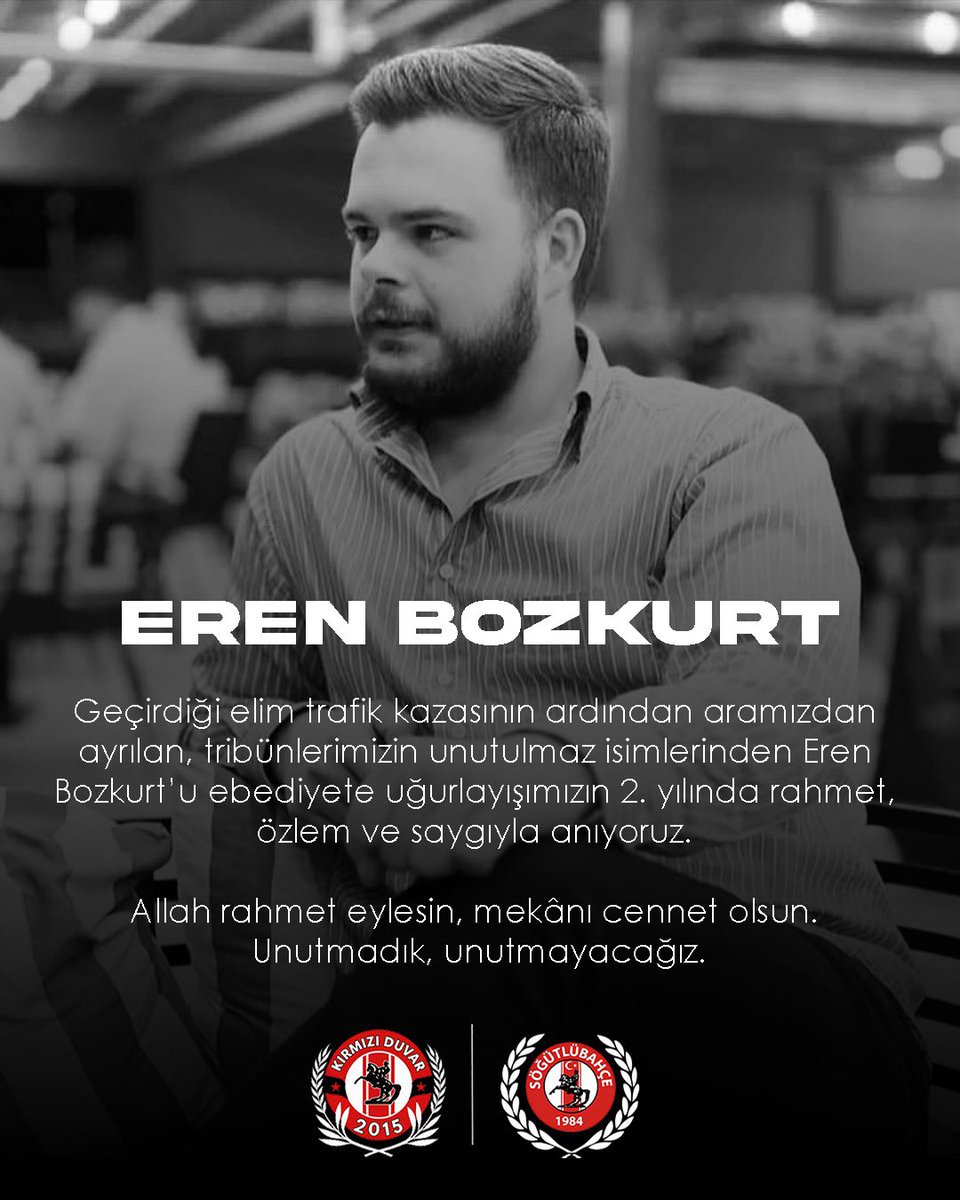 Sogutlubahce55's tweet photo. Geçirdiği elim trafik kazasının ardından aramızdan ayrılan, tribünlerimizin unutulmaz isimlerinden Eren Bozkurt’u ebediyete uğurlayışımızın 2. yılında rahmet, özlem ve saygıyla anıyoruz.

Allah rahmet eylesin, mekânı cennet olsun. Unutmadık, unutmayacağız. 

#erenbozkurt #samsunspor #kırmızıduvar2015 #sogutlubahce1984