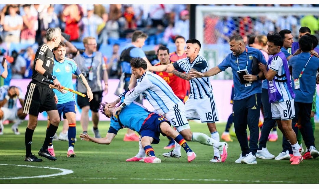 Johnlaw464's tweet photo. Argentina is a shameless country, hub of racism, fascist country.  The disparity display in the field of play during world cup 2026 by Both players and fans. Fighting, aggressive behaviour, foul plays, disrespect and disregard for fellow players speak more about the Argentines. https://t.co/K2fm92i85t