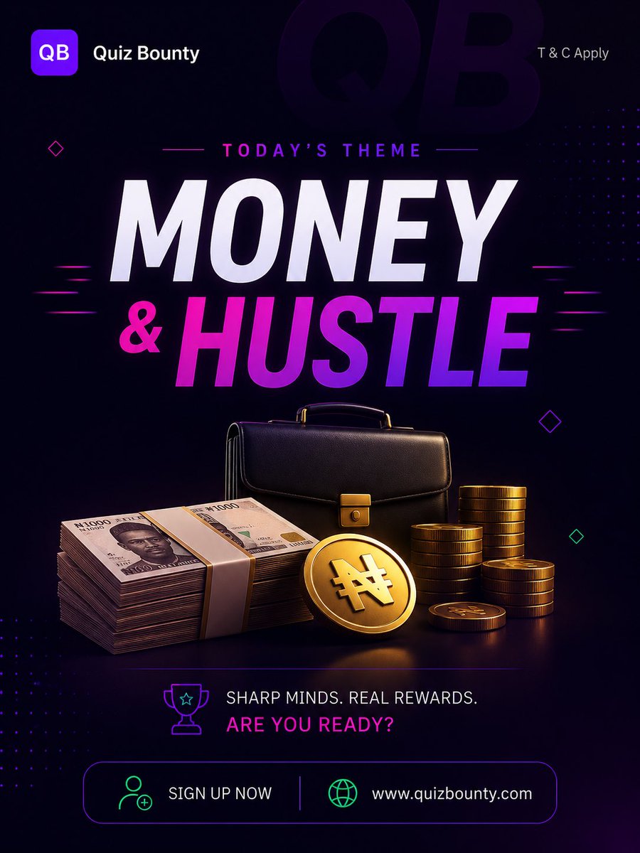 QuizBounty's tweet photo. 💸 Money talks.

Tonight, let’s see who knows enough to earn it. 😏

Today’s theme: MONEY &amp; HUSTLE

If you’ve ever paid a bill, chased a dream, started a side hustle, or argued about “soft life”… this one might just be for you.

🕢 Join by 7:55 PM
🎯 Quiz starts at 8:00 PM https://t.co/9nR9jgriCT