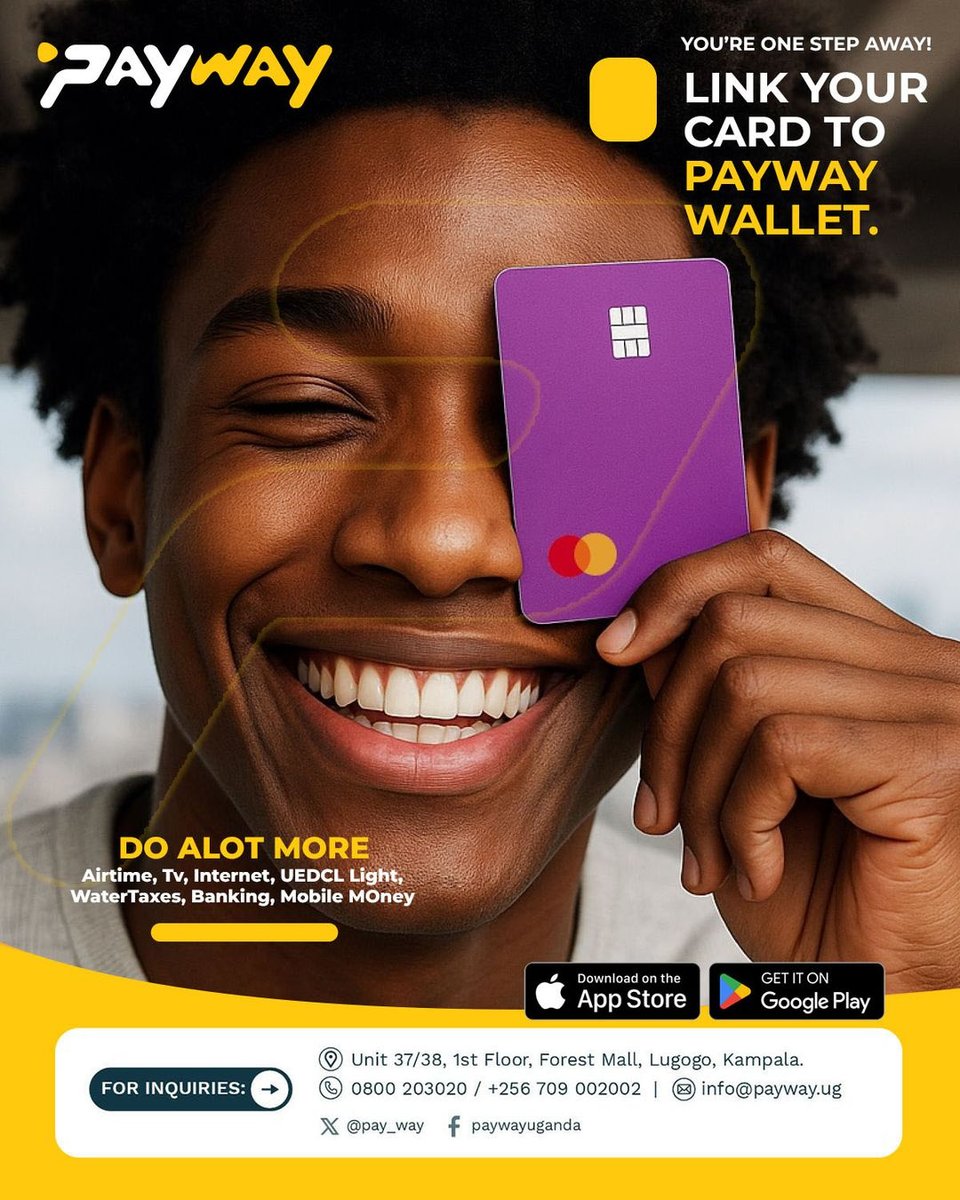 pay_way's tweet photo. Link your Debit or Credit Card to your PayWay Wallet and enjoy seamless payments from one convenient place. Your wallet gets instant float, giving you the freedom to pay for what matters most, anytime.

⚡ Electricity Payments (UEDCL)
🏍️ Boda Boda Loans
🎯 Betting Services
💧 Water Bills
📺 TV & Internet Subscriptions
📲 Mobile Money Services
🏦 Agent Banking

Every payment is easier. Every transaction is smarter. And with PayWay, you save on every payment.

📲 Download PayWay Today
Android 👉 https://t.co/GEzqZPTp7i
iPhone 👉 https://t.co/6SCPAF2JNN

📍 Unit 37/38, 1st Floor, Forest Mall, Lugogo
☎️ 0800 203020 | +256 709 002002
📧 info@payway.ug

#PayWay #Cashback #SmartPayments