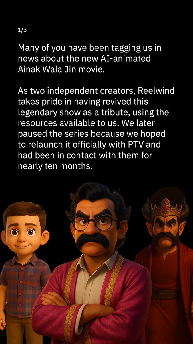 ReelWind_'s tweet photo. A small clarification from Reelwind regarding the new Ainak Wala Jin movie. Our tribute came from love for the original and our own original story is coming soon. https://t.co/pTGAhBQ0jV