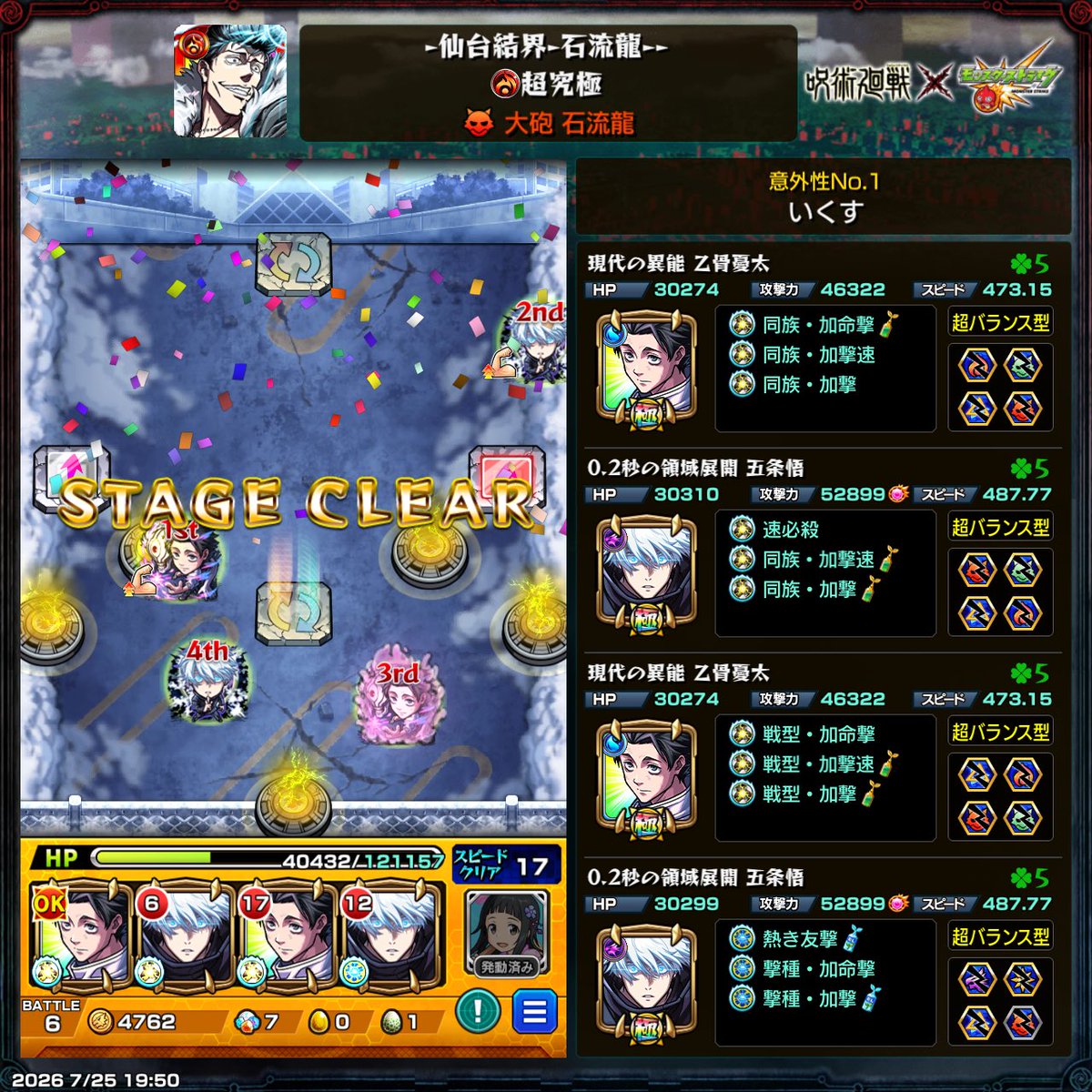 ixs760254's tweet photo. 追加超究極　仙台結界
石流　龍、出遅れての
初見クリア！
( *˙ω˙*)و ｸﾞｯ!
ミッションも同時に。
ガチパなので当たり前と
言えば、当たり前w
でもクリアはクリア。
残り楽しみましょう。
#モンスト
#呪術廻戦コラボ
#追加超���極 https://t.co/27LQLcHlWF