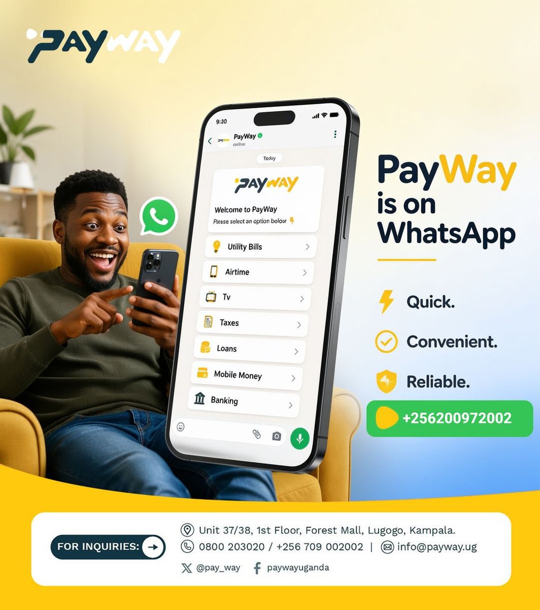pay_way's tweet photo. You can simply send a text, and your bill gets paid!

PayWay on WhatsApp brings that level of convenience to your bill payments.

Just send "Hi" to +256 200 972002 to get started.

Need support?

📍 Unit 37/38, 1st Floor, Forest Mall, Lugogo, Kampala
📞 Toll-Free: 0800 203020
📱 +256 709 002002
📧 info@payway.ug

#PayWayUganda #WhatsAppPayments #BillPayments