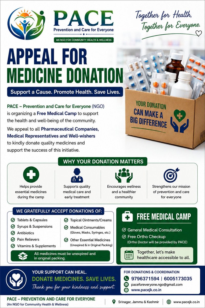 PaCE_NGO's tweet photo. Every medicine counts. Every donation matters. Join PACE in bringing healthcare to those who need it most.
#DonateMedicines #HealthForAll #SaveLives #PACE https://t.co/y3WPG2pqnQ