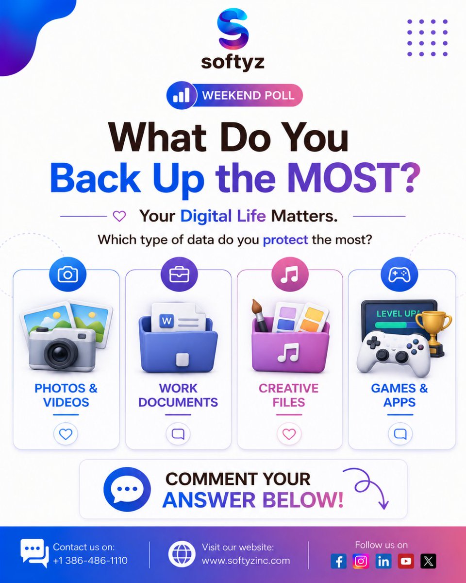 softyzinc's tweet photo. 📊 Weekend Poll!

What do you back up the MOST?

Ⓐ 📸 Photos &amp; Videos
Ⓑ 💼 Work Documents
Ⓒ 🎨 Creative Files
Ⓓ 🎮 Games &amp; Apps
💬 Reply with Ⓐ, Ⓑ, Ⓒ, or Ⓓ 👇
#WeekendPoll #Softyzinc #CloudBackup #DataProtection #CyberSecurity https://t.co/TM2kkymLc8