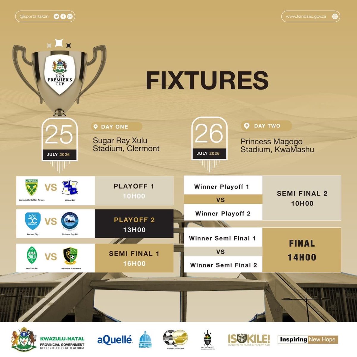LehakoeNhlapo's tweet photo. The 2026 KZN Premier's Cup is officially underway! The opening fixture between Lamontville Golden Arrows FC and Milford FC has kicked off at Sugar Ray Xulu Stadium. 

#KZNPremiersCup #KZNFootball #SSDiki https://t.co/ysX9EWcQMW