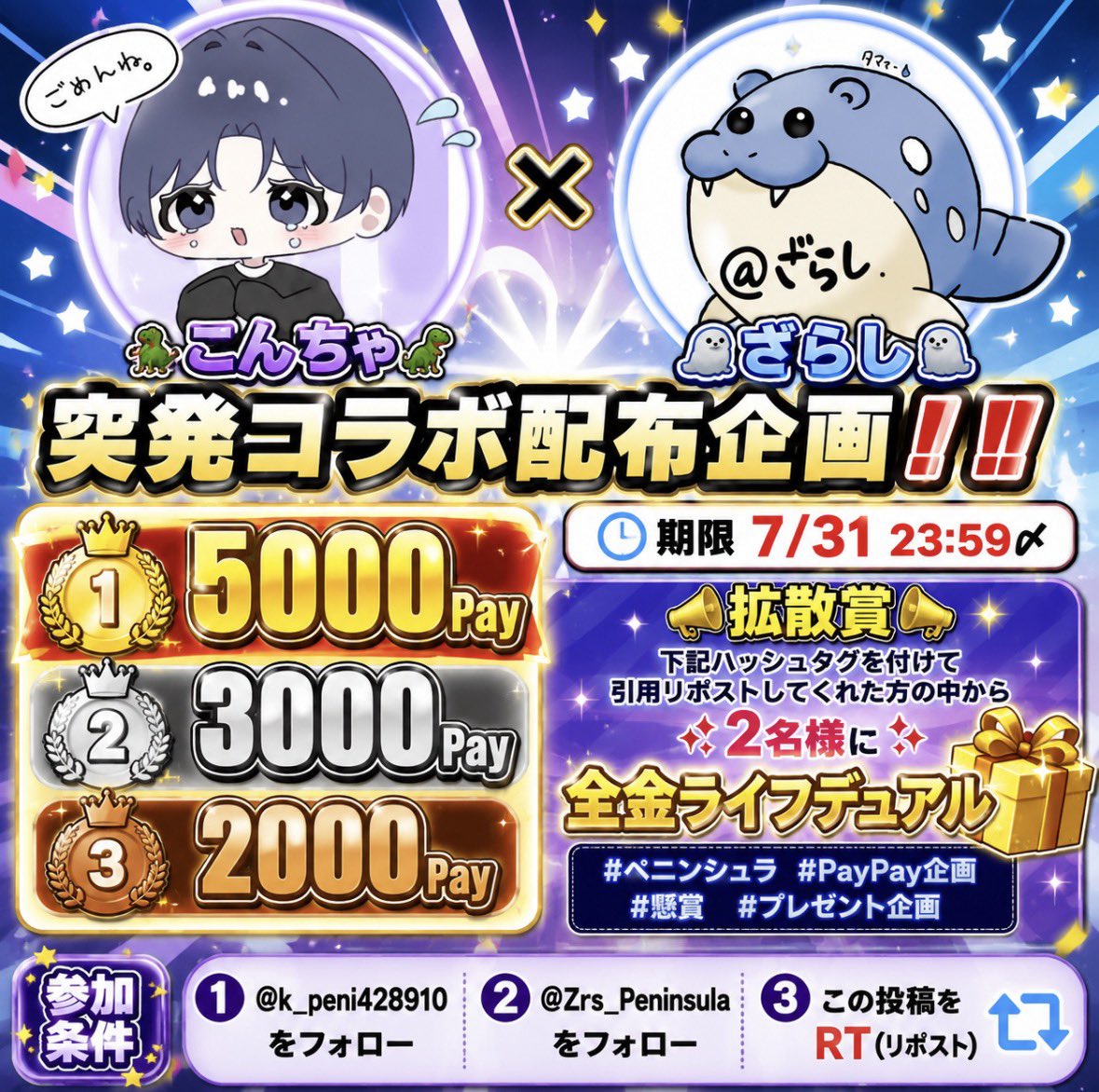 Zrs_Peninsula's tweet photo. 🦖こんちゃ🦖 × 🦭ざらし🦭
のコラボ配布企画‼️‼️

🥇 5000Pay
🥈 3000Pay
🥉 2000Pay

🕐 ��切：7/31 23:59

📣 拡散賞 📣

#ペニンシュラ
#PayPay企画
#懸賞 #プレゼント企画

上記ハッシュタグを付けて引用リポストしてくださった方の中から 2名様 に…

🎁 ��金ライフデュアル をプレゼント

🔻参加条件🔻
✅ @k_peni428910 をフォロー
✅ @Zrs_Peninsula をフォロー
✅ この投稿をRT（リポスト）