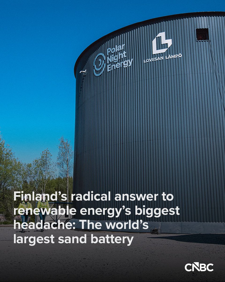 CNBC's tweet photo. A small town in southern Finland has turned to the world's largest commercial sand battery to fix what many see as the most critical problem facing renewable energy: intermittency.

Standing at 13 meters tall and 15 meters wide, the eye-catching facility uses 2,000 metric tons of crushed soapstone to store clean energy in the form of heat to provide 100 megawatt-hours of thermal energy.

Read more: https://t.co/JyT7ZiNP9Y