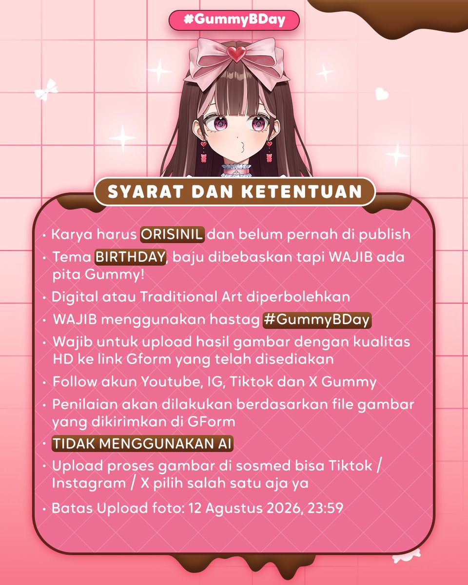 kiyomigummy's tweet photo. HAI HAI‼️

Aku lgi adain event "LOMBA FANART" edisi spesial ulang tahun Gummy ke-2🥳

─ Wajib dikumpulkan di Gform ya!
♡ Gform: https://t.co/8eLN5zqhln
─ Wajib menggunakan #GummyBDay ya biar lebih mudah dicari👍
─ Jangan lupa baca syarat &amp; ketentuannya😘

GOOD LUCK (˶˃ ᵕ ˂˶) https://t.co/4zF6wjckbT