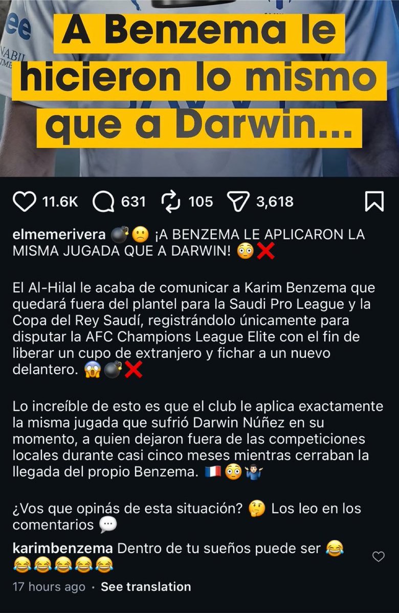 X99i3's tweet photo. 🚨🚨🚨🚨🚨🚨🚨🚨

صحيفة أجنبية تداولت خبرًا يزعم أن كريم بنزيما سيشارك فقط في دوري أبطال آسيا للنخبة بعد استبعاده من قائمتي الدوري وكأس الملك مع #الهلال :

لكن بنزيما رد عبر حسابه ساخرًا:

" قد يحدث ذلك في الأحلام فقط. ". https://t.co/5KSI0aIhCz