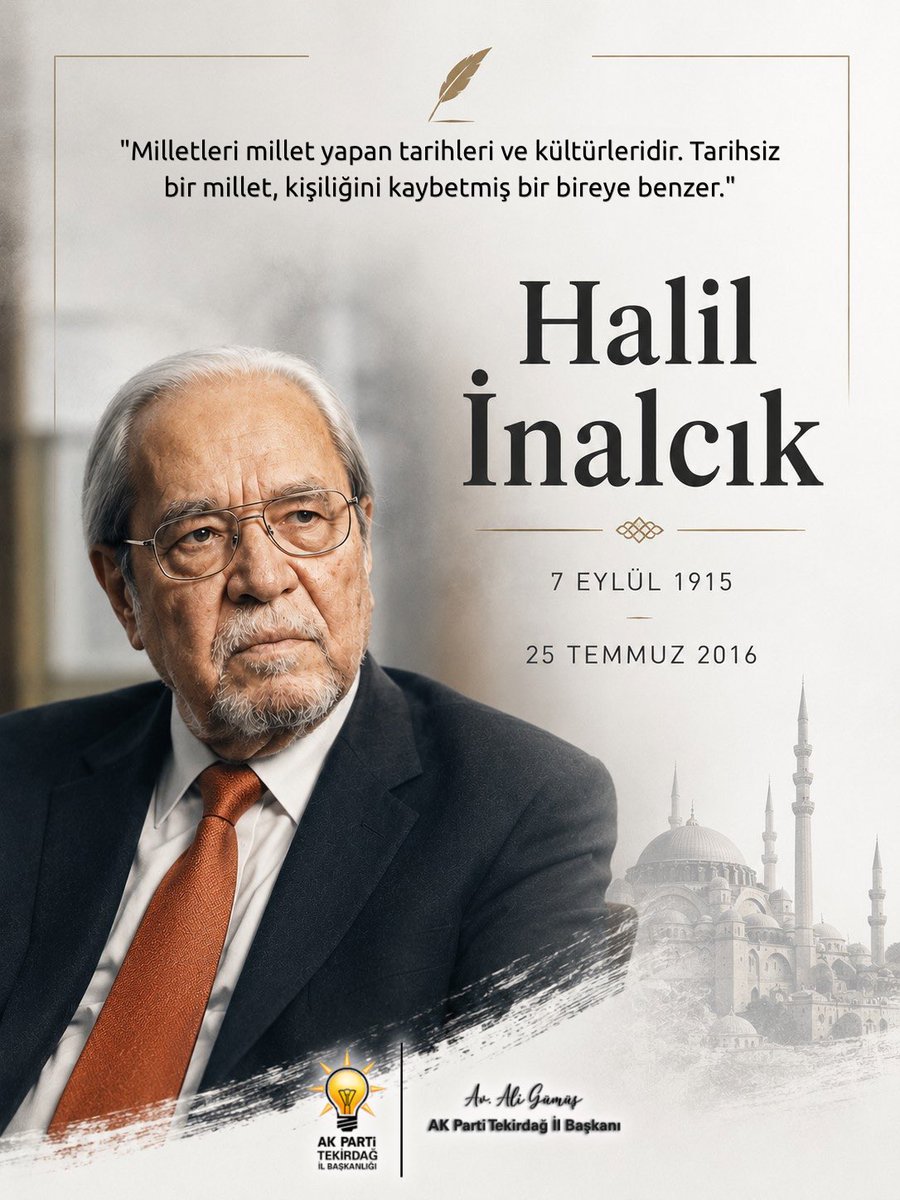 av_aligumus's tweet photo. Tarihe ışık tutan eserleri, ilme adanmış ömrü ve bıraktığı kıymetli mirasıyla hafızalarda yaşamaya devam eden büyük tarihçi Prof. Dr. Halil İnalcık’ı, vefatının yıl dönümünde rahmet, minnet ve saygıyla anıyoruz.

Mekânı cennet, ruhu şâd olsun. https://t.co/zpvryA74mz