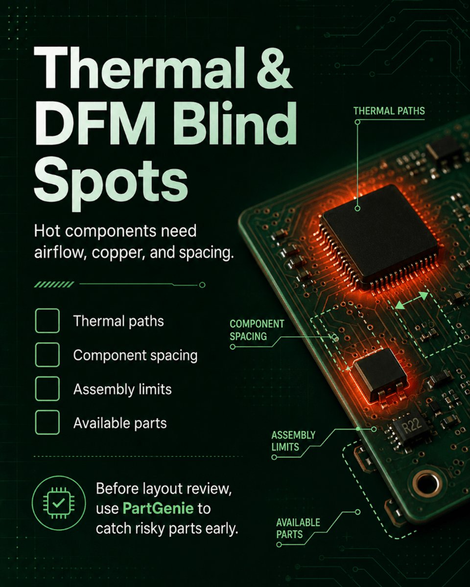 PartGenie's tweet photo. 🧩 A PCB can pass the schematic check and still fail in real life. Watch out for these common layout mistakes before they turn into noise, heat, or debugging nightmares. 🔥
Follow for more PCB design tips.
#PCBDesign #HardwareEngineering #ElectronicsDesign #CircuitDesign https://t.co/wv3jPHl7BD