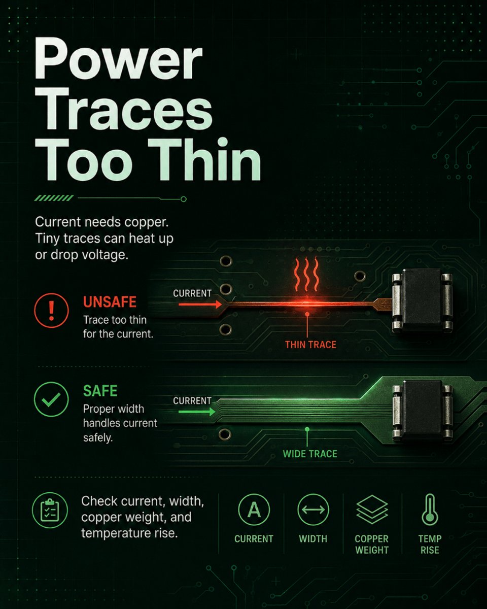 PartGenie's tweet photo. 🧩 A PCB can pass the schematic check and still fail in real life. Watch out for these common layout mistakes before they turn into noise, heat, or debugging nightmares. 🔥
Follow for more PCB design tips.
#PCBDesign #HardwareEngineering #ElectronicsDesign #CircuitDesign https://t.co/wv3jPHl7BD