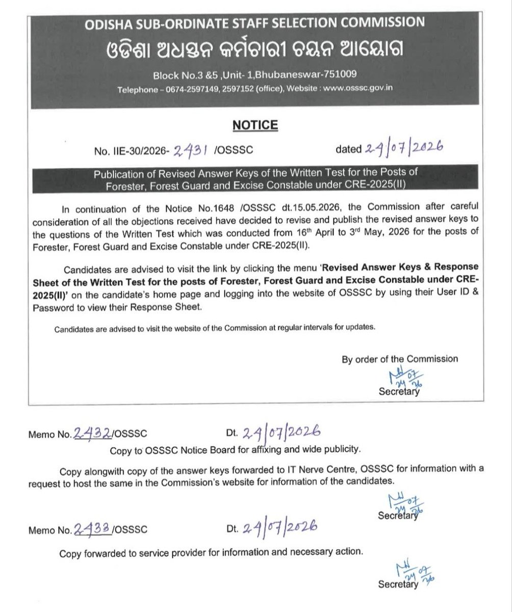 Umeshgopal11's tweet photo. Publication of Revised Answer Keys of the Written Test for the Posts of Forester, Forest Guard and Excise Constable under CRE-2025(II)
#osssc https://t.co/UU3QopfD0J