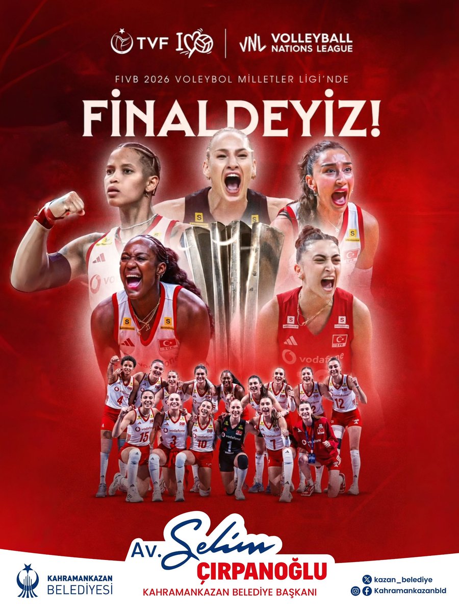 kazan_belediye's tweet photo. Finaldeyiz!

Tebrikler Filenin Sultanları👏

Milletler Ligi’nde ÇİN’i 3-0 Yenen A Milli Kadın Voleybol Takımımıza Finalde Brezilya karşısında başarılar diliyoruz.

@selimcirpanoglu https://t.co/OfQ8BYc6Lf