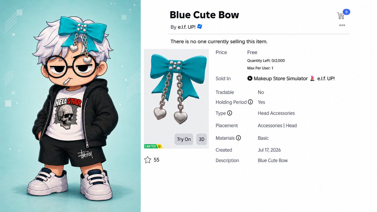 raedimsblox's tweet photo. Yang Mau Lengkapnya. ADD Aja. Terus DM.
Blue Cute Bow
Item pita FREE! ππ Blue Cute Bow by e.l.f. UP!, dapatkan lewat game Makeup Store Simulator! Sayangnya stock sudah 0/2.000, coba cek reseller atau event baru!
#roblox #robloxindonesia #raedims #ugcfree #ugclimited https://t.co/sPoUDJGUS9