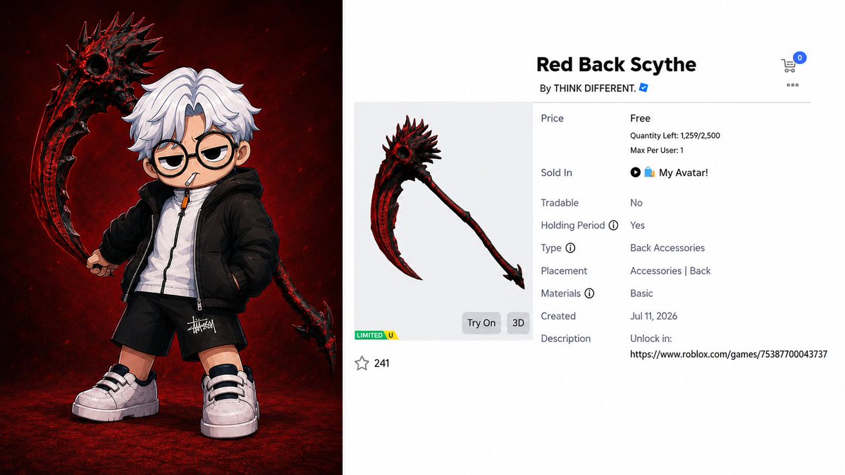 raedimsblox's tweet photo. Red Back Scythe
Sabit merah sangar FREE! π©ΈβοΈ Red Back Scythe by THINK DIFFERENT, unlock langsung di game "My Avatar!"! Stock 1.257/2.500, mainkan gamenya sekarang untuk claim!
#roblox #robloxindonesia #raedims #ugcfree #ugclimited https://t.co/xaJMb1ZboT