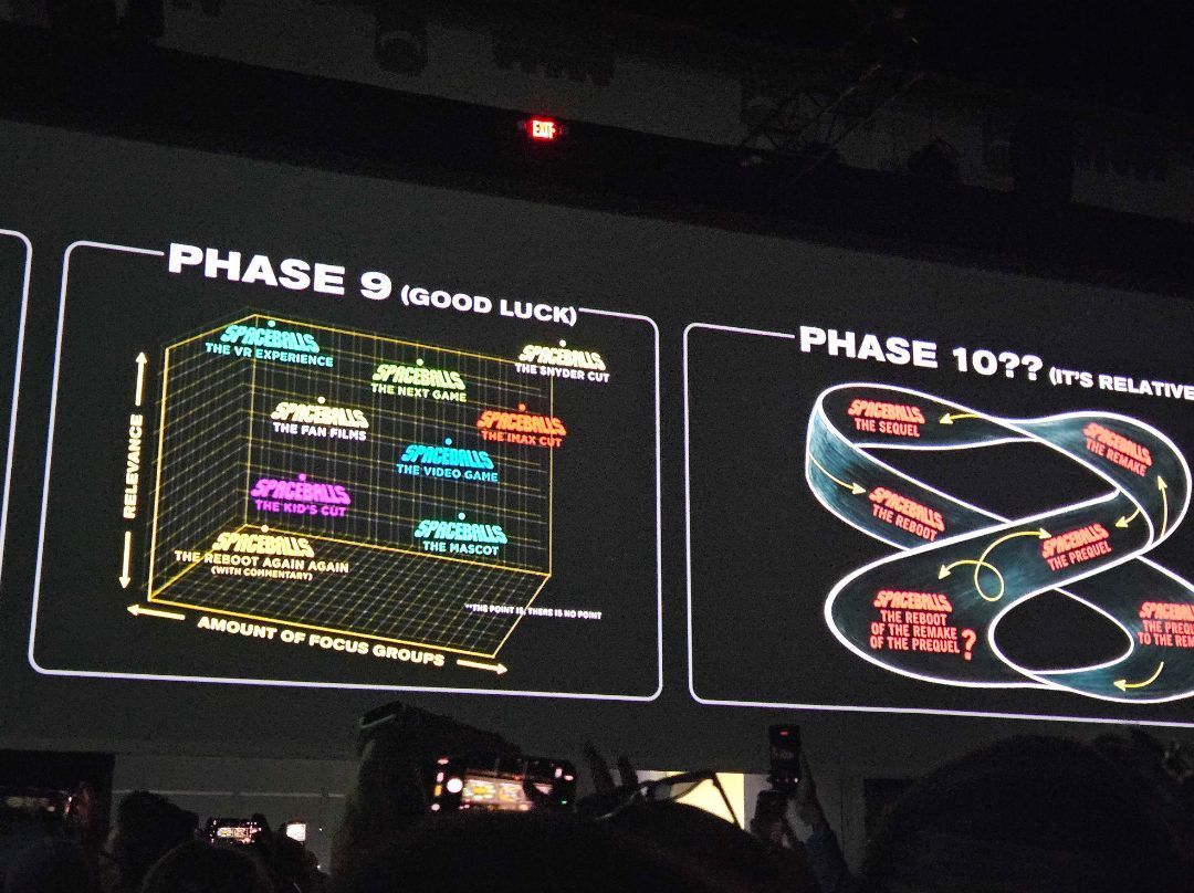 TheHypeMovie's tweet photo. L'équipe de #Spaceballs a retourné le #SDCC2026 avec un faux calendrier de 10 phases hilarant pour tacler les univers partagés hollywoodiens ! 😂
Phase 4 où ils perdent le compte, Phase 6 sur le merchandising, Phase 10 en boucle infinie de reboots... https://t.co/bYq3F3jawa