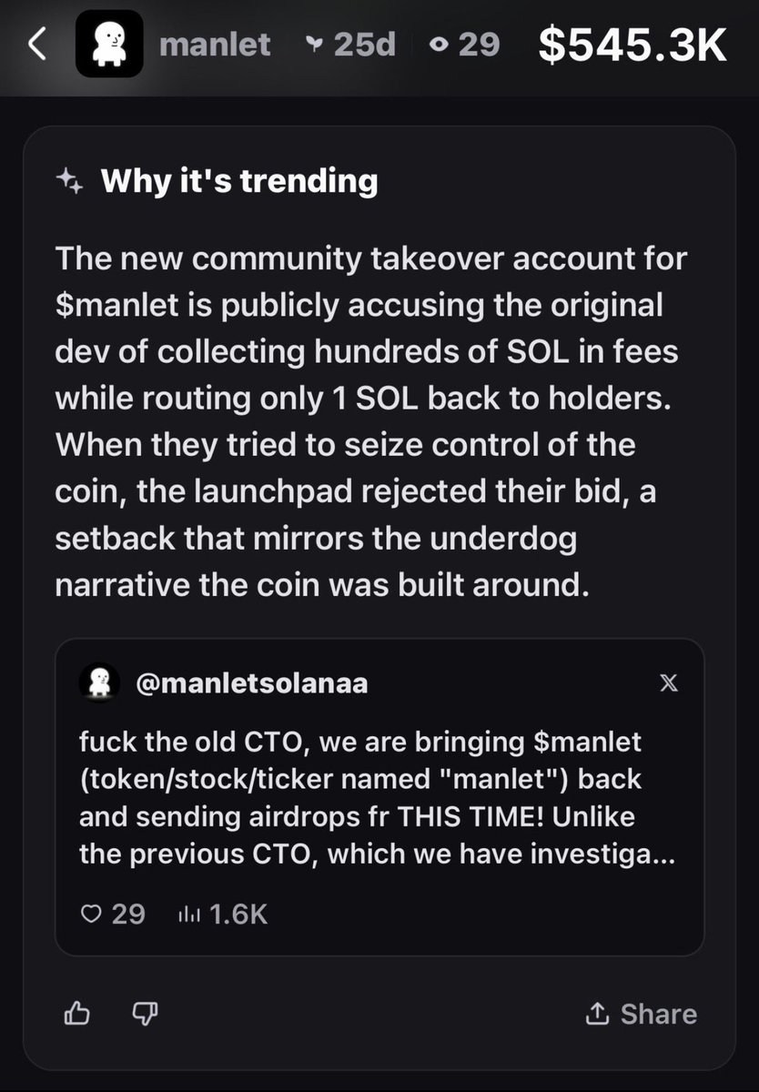 Issy100X's tweet photo. @blknoiz06 i know you probably get a lot of these tweets but we really need help here. 

i was a believer in $manlet and still am — the soft shills and you following the meme X page made me more and more bullish. 

unfortunately manlet suffered from bad actors CTOing it disguising as good people. now it’s down 98% from ATH and i got burned HARD. without you ever getting the chance to airdrop any tokens to solana:9cRCn9rGT8V2imeM2BaKs13yhMEais3ruM3rPvTGpump holders 

i’ve been in talks with the new CTO @manletsolanaa — he has a lot of plans for manlet and what to do with the fees. the only reason the CTO got rejected is not enough community support yet. 

just one reply from you or you following the new X page would change everything. 🙏