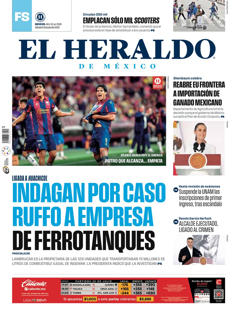 heraldodemexico's tweet photo. #EnPortada de El Heraldo de México 📰:

🔵 Indagan por caso Ruffo a empresa de ferrotanques
🔵 Atlante iguala ante el América
🔵 EU reabre frontera a importación de ganado mexicano

➡ https://t.co/W34OuKK2oN https://t.co/ZZa4M8xn4r