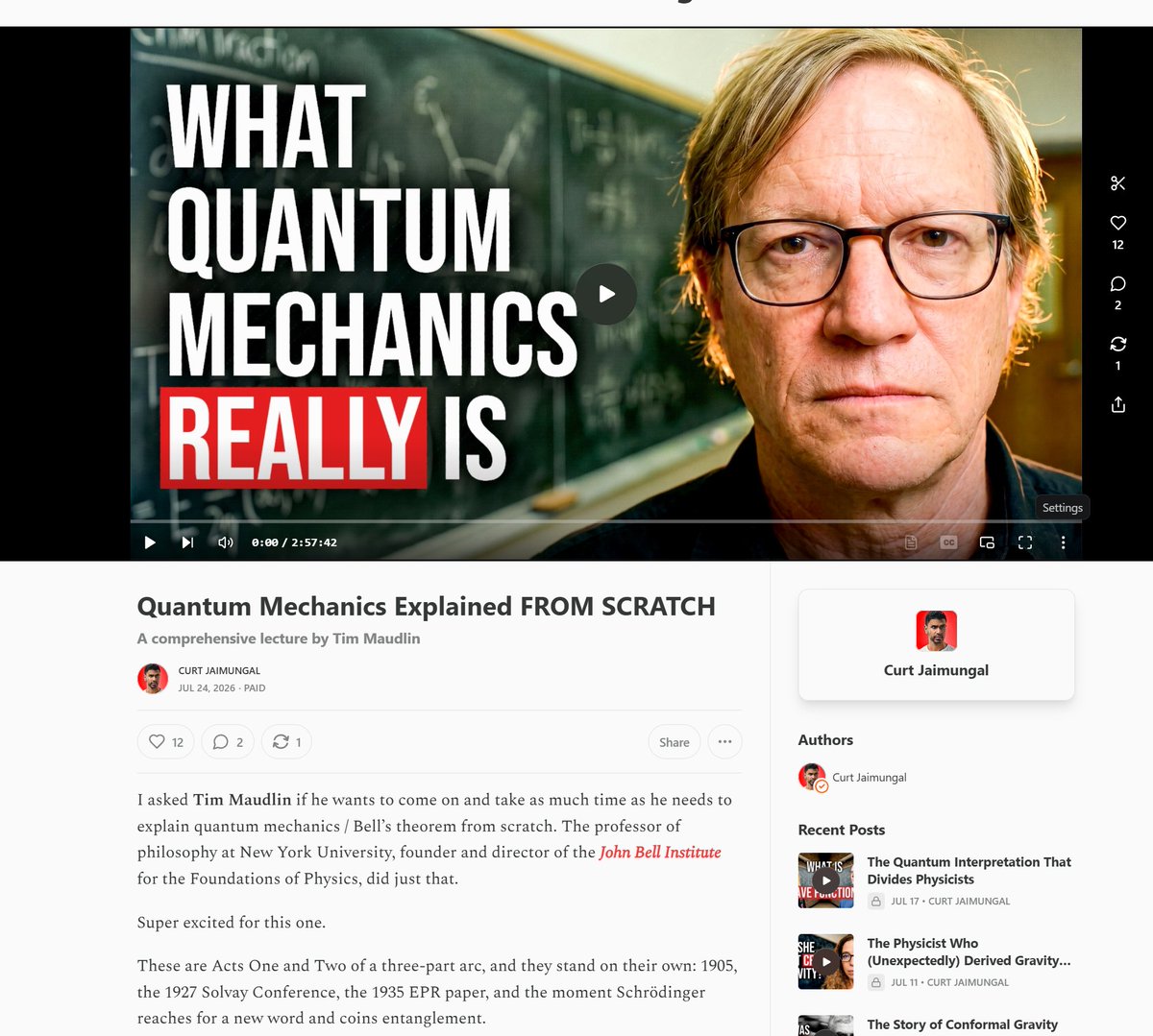 TOEwithCurt's tweet photo. This is a huge one, ladies and gents. I asked Tim Maudlin whether he wanted to come on and take as much time as he needed to explain quantum mechanics / Bell’s theorem from scratch. He didn’t disappoint. This is a careful lecture that can be followed with zero background knowledge. Thank you, Prof. Tim Maudlin, for the wonderful exposition. LINK IN REPLY
