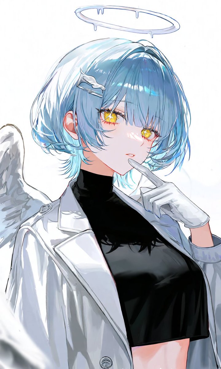 Rest_with_me_'s tweet photo. @00_rana00 light blue hair, yellow eyes, girl, white hairpin, black cropped shirt, shiny skin, shiny hair, star shaped pupils, white halo, white coat, white gloves, white angle wings, short hair,

これだよ！ https://t.co/A9e1DHvov9