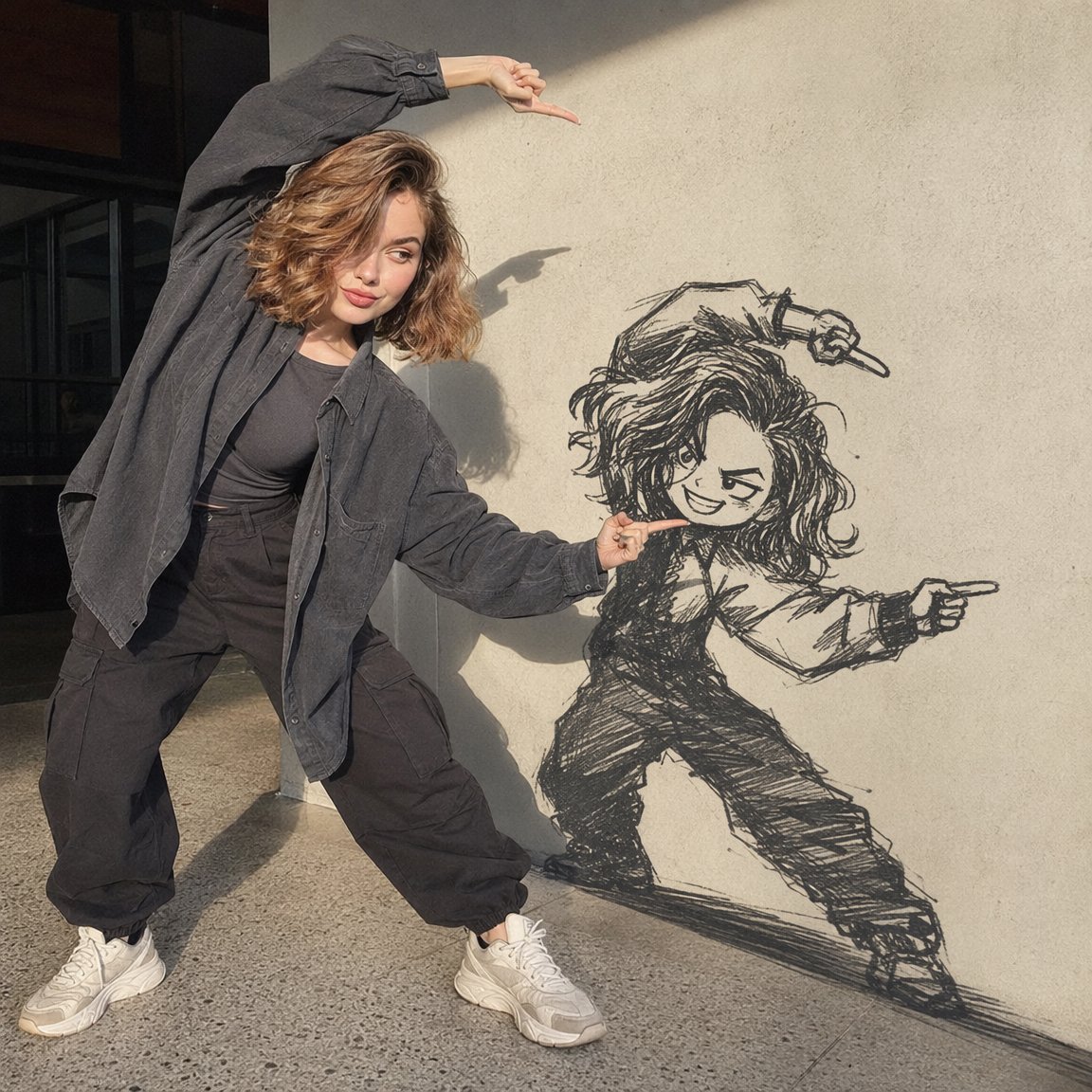 Woman Interacting with Wall Doodle