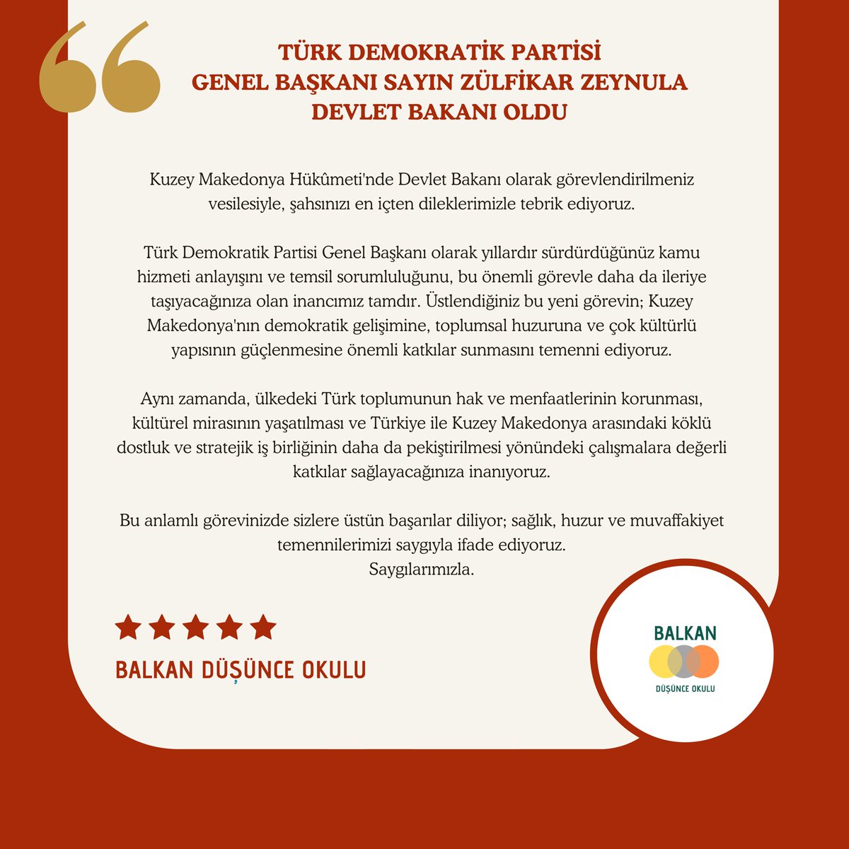 BalkanDusunce's tweet photo. Kuzey Makedonya Devlet Bakanı olarak seçilen Sn. Zülfikar Zeynula’yı tebrik ediyor, yeni görevinde muvaffakiyetler diliyoruz.

Bu görevin Kuzey Makedonya’ya ve Türk toplumuna hayırlar getirmesini; birlik ve beraberliğin güçlenmesine katkı sunmasını temenni ediyoruz. https://t.co/oqdq2jRkzJ