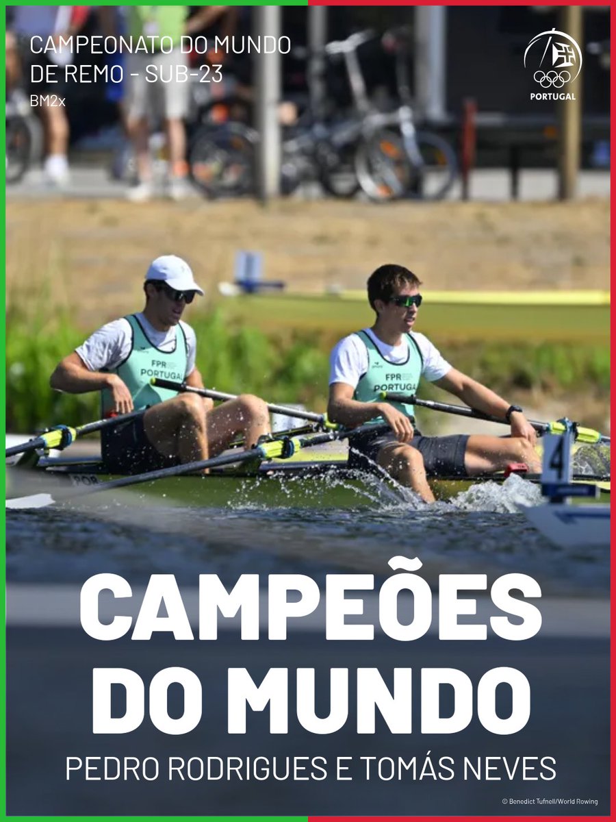COPPORTUGAL's tweet photo. 𝗖𝗔𝗠𝗣𝗘𝗢̃𝗘𝗦 𝗗𝗢 𝗠𝗨𝗡𝗗𝗢! 🌍

🥇 Pedro Rodrigues e Tomás Neves venceram a final de BM2x no Campeonato do Mundo de Remo sub-23 na Alemanha

Esta é a primeira medalha de ouro para o Remo português no escalão de sub-23 👏

#EquipaPortugal https://t.co/8MaOK6rhNk
