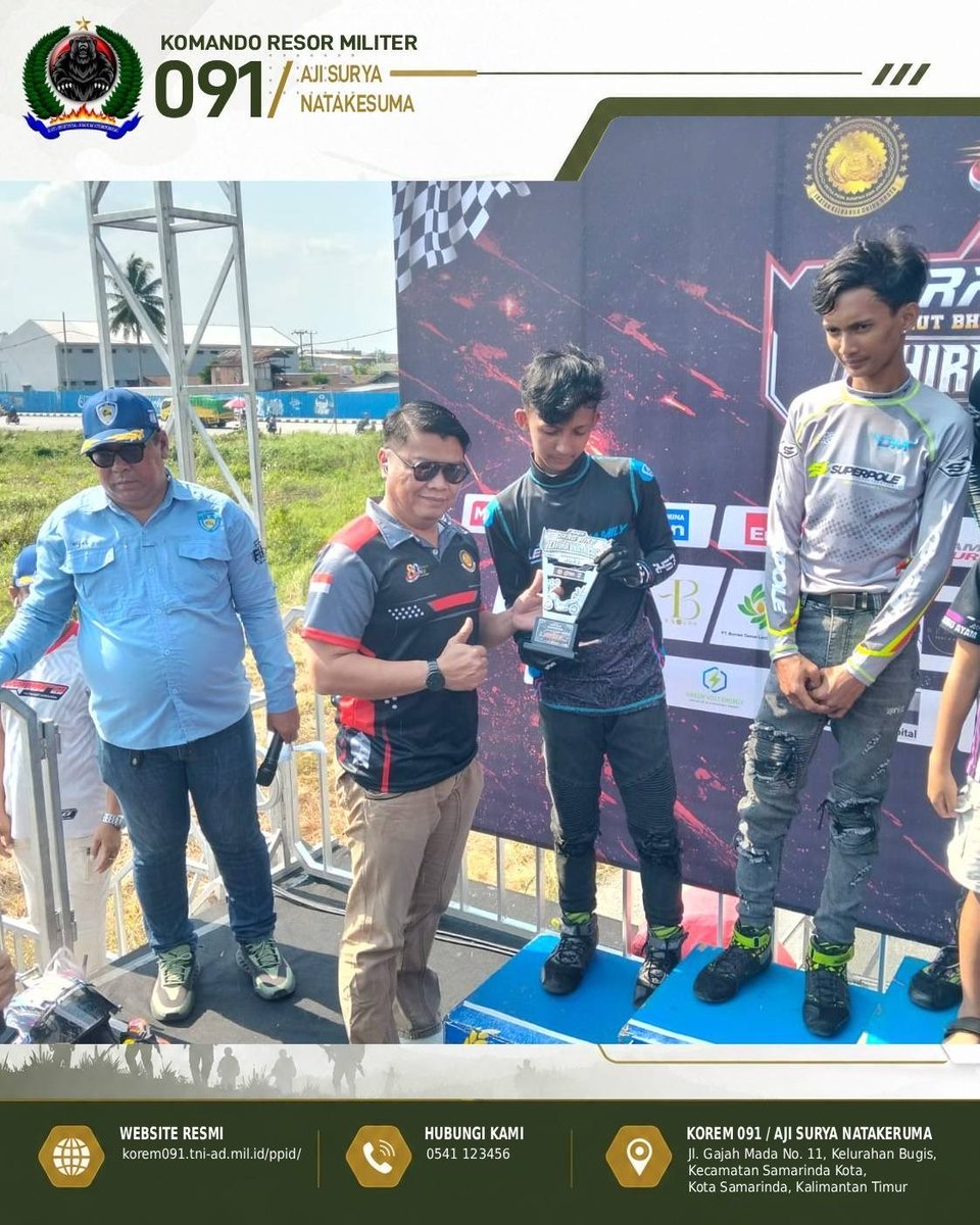 korem091asn's tweet photo. Kasi Intel Kasrem 091/ASN Kolonel Inf Decky Zulhas menghadiri Dhira Brata Cup Championship 2026 di Samarinda, Sabtu (25/7/2026). Ajang ini mengajak generasi muda menyalurkan bakat otomotif di jalur resmi dan menjauhi balap liar.

#Korem091ASN #TNIAD #StopBalapLiar #Samarinda https://t.co/StPVZHh97S