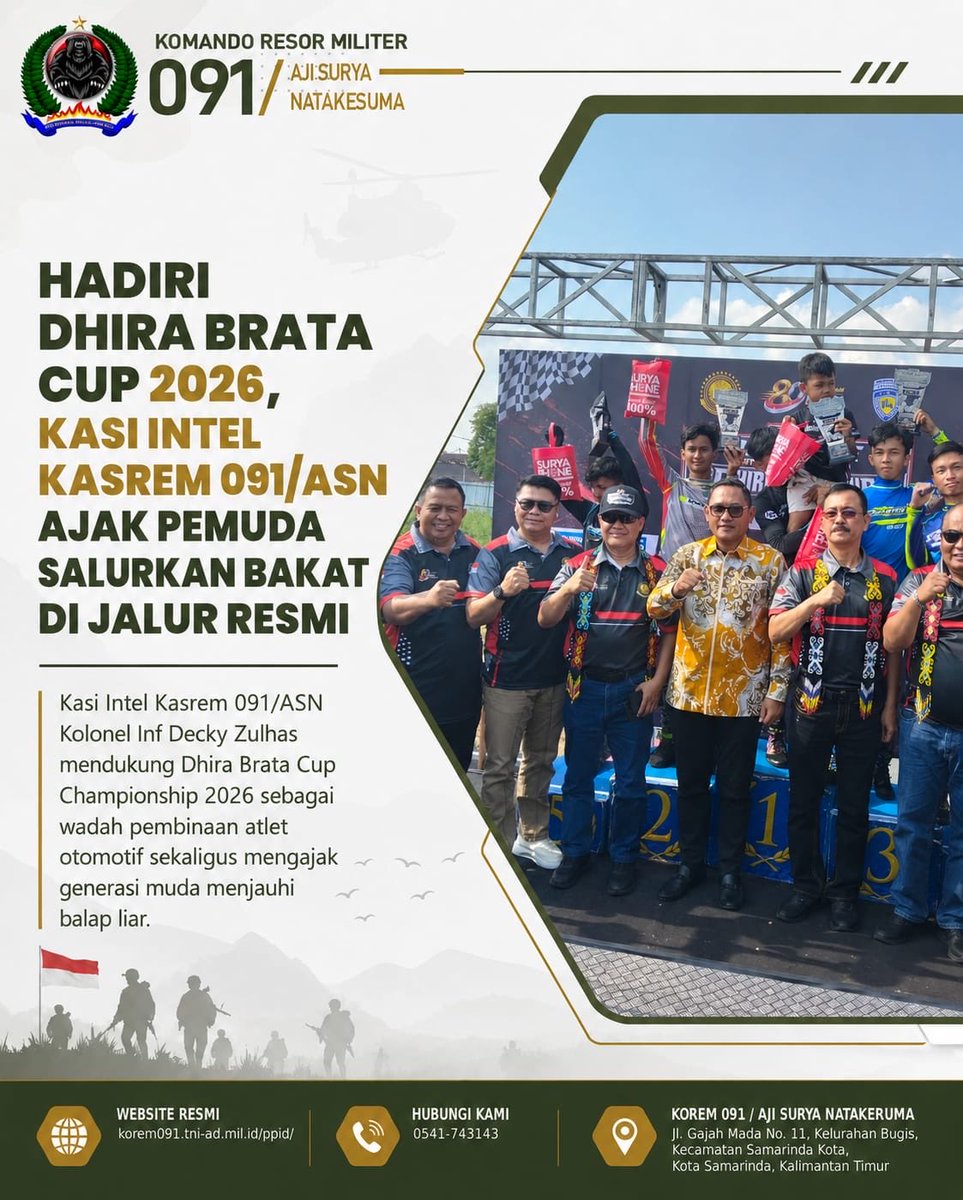 korem091asn's tweet photo. Kasi Intel Kasrem 091/ASN Kolonel Inf Decky Zulhas menghadiri Dhira Brata Cup Championship 2026 di Samarinda, Sabtu (25/7/2026). Ajang ini mengajak generasi muda menyalurkan bakat otomotif di jalur resmi dan menjauhi balap liar.

#Korem091ASN #TNIAD #StopBalapLiar #Samarinda https://t.co/StPVZHh97S