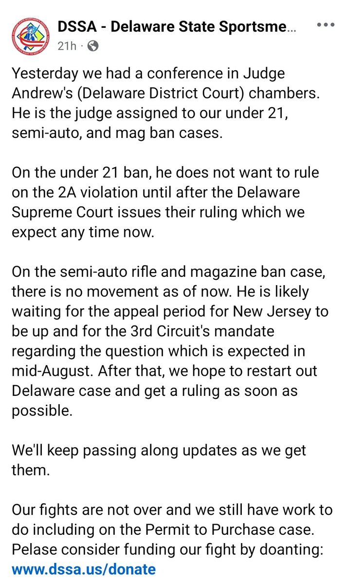 theBuffTricorn's tweet photo. Post from @DelawareDSSA  Facebook.  idk judicial norms, but this feels like stalling.  One might be forgiven for suspecting reluctance. https://t.co/ieuQ34zdzE